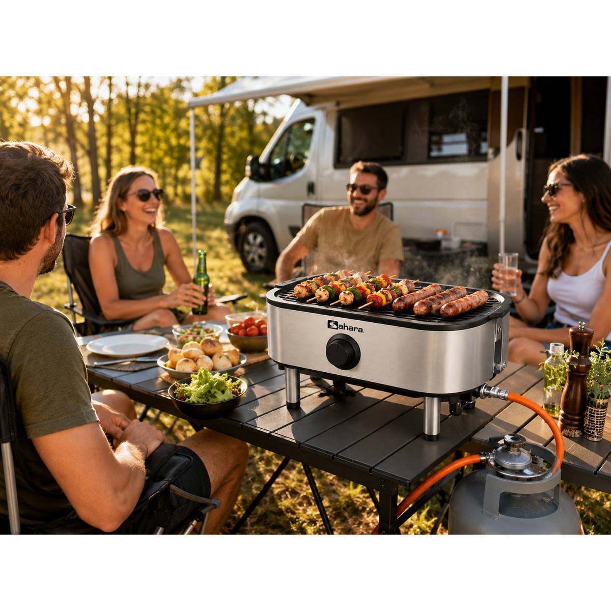 Barbecue à Gaz Portable Compact 2,7kW Grille en Fonte Mini Barbecue de Table Inox Planche à Découper Bois 2 à 4 Personnes Sahara - Image 4