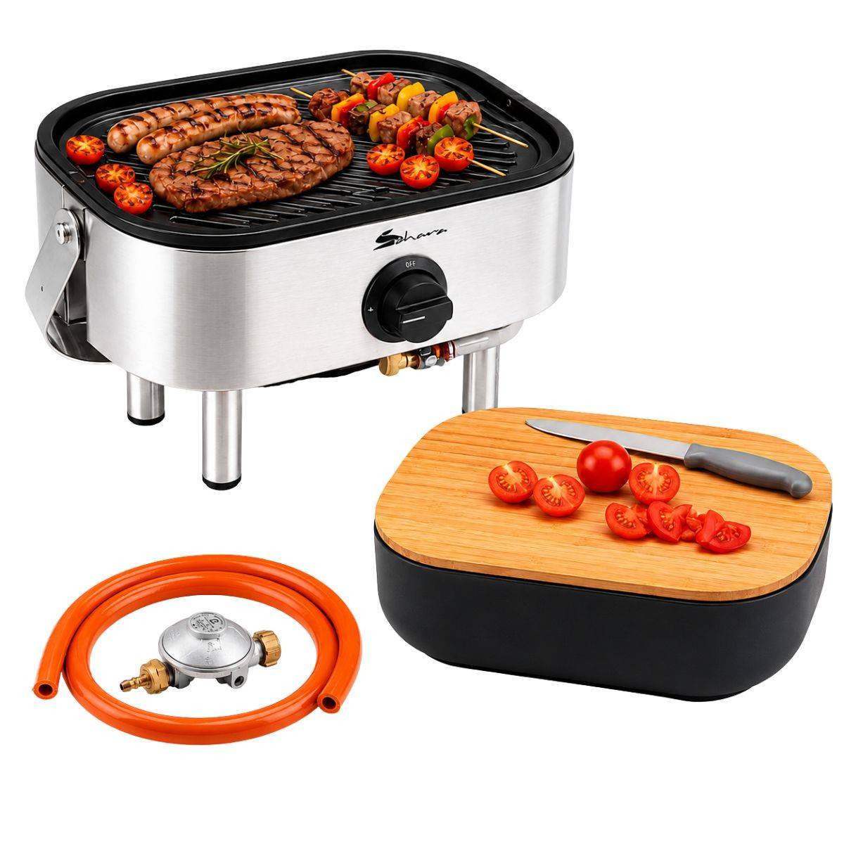 Barbecue à Gaz Portable Compact 2,7kW Grille en Fonte Mini Barbecue de Table Inox Planche à Découper Bois 2 à 4 Personnes Sahara