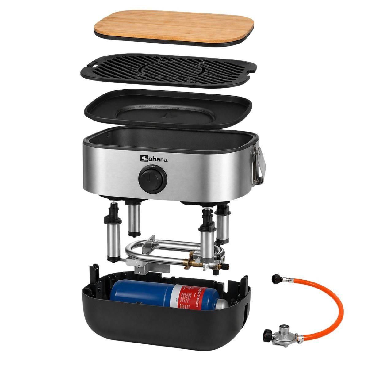 Barbecue à Gaz Portable Compact 2,7kW Grille en Fonte Mini Barbecue de Table Inox Planche à Découper Bois 2 à 4 Personnes Sahara - Image 3
