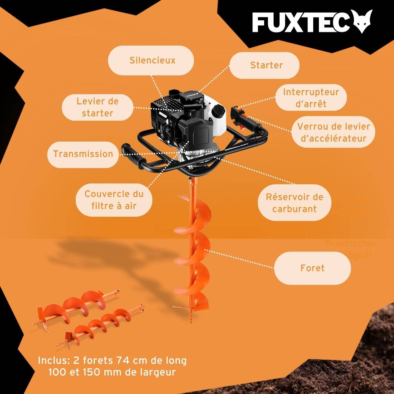 FUXTEC - Tarière thermique FUXTEC FX-EB143ECO moteur 2 temps 42,7cm forets 100/150mm réservoir 1L - Image 6