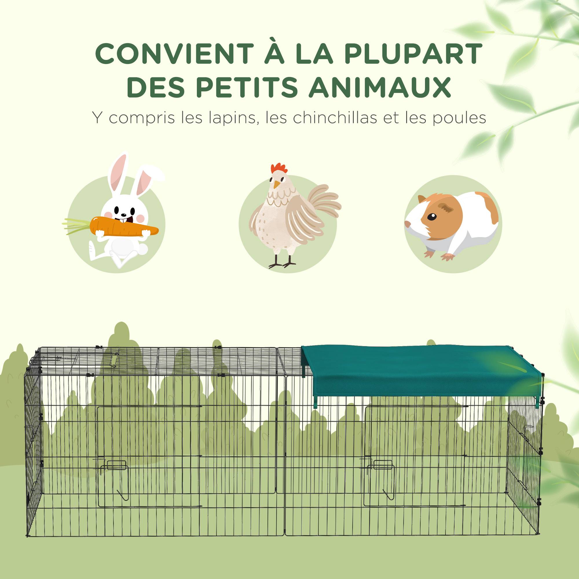 Parc enclos modulable acier avec bâche, lapins rongeurs, intérieur extérieur, 220x85x70cm, vert - Image 8