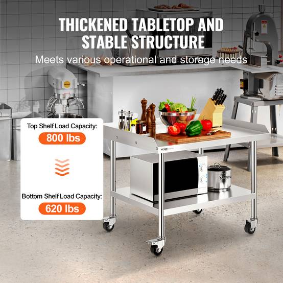 Vevor - VEVOR Table préparation aliments métal 30x36x30", 4 roulettes, protection 3 côtés inox, restaurants/hôtels. - Image 3