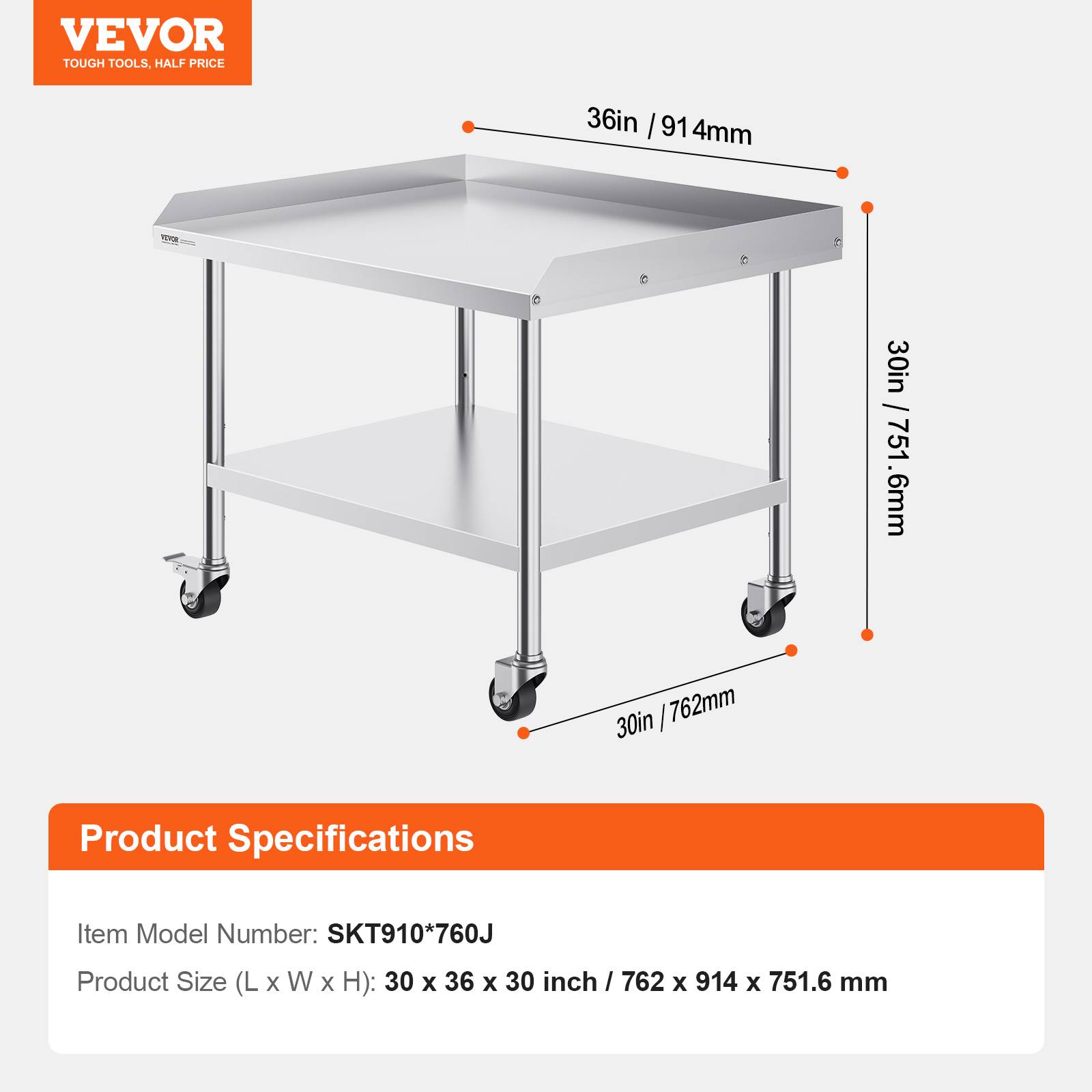 Vevor - VEVOR Table préparation aliments métal 30x36x30", 4 roulettes, protection 3 côtés inox, restaurants/hôtels. - Image 7