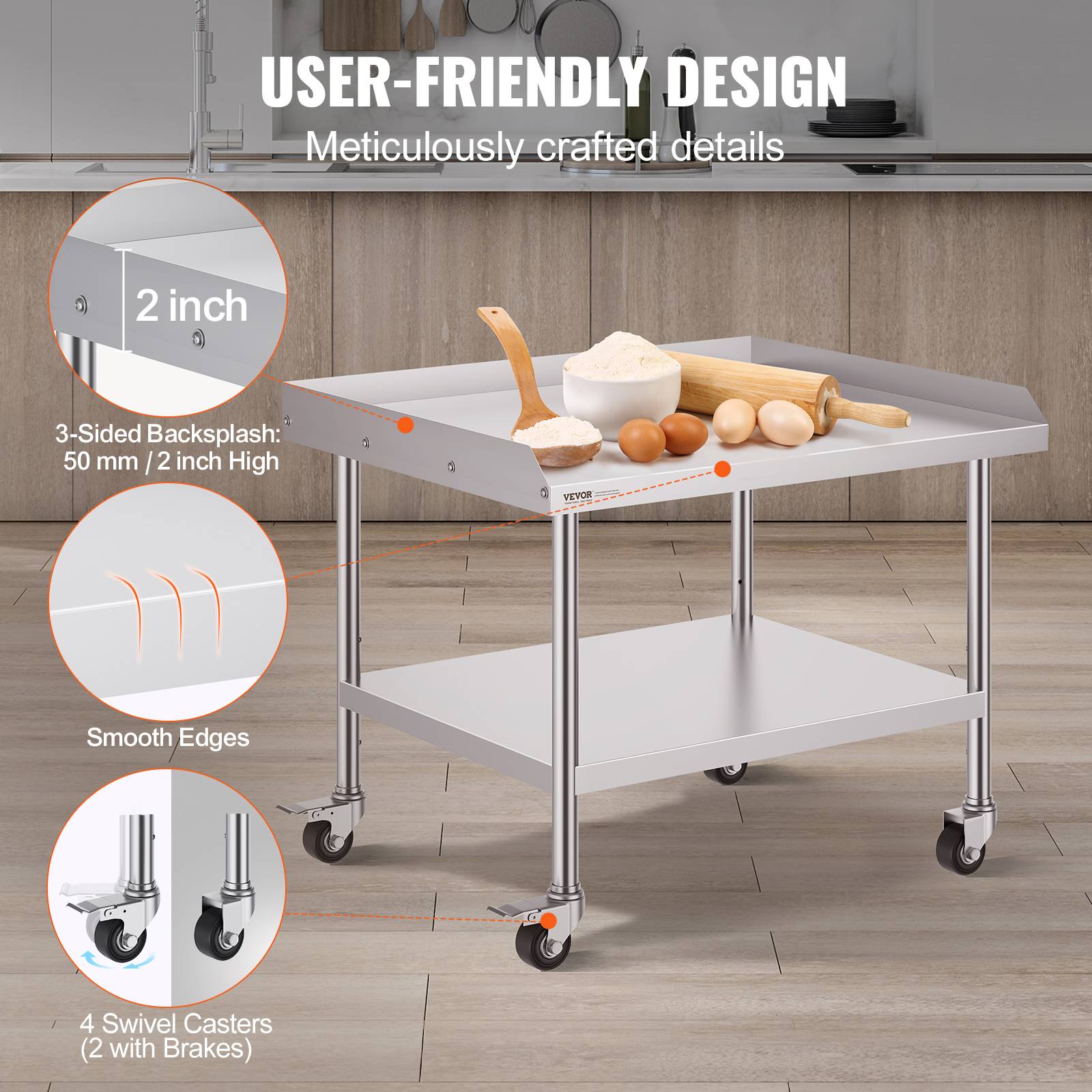 Vevor - VEVOR Table préparation aliments métal 30x36x30", 4 roulettes, protection 3 côtés inox, restaurants/hôtels. - Image 4