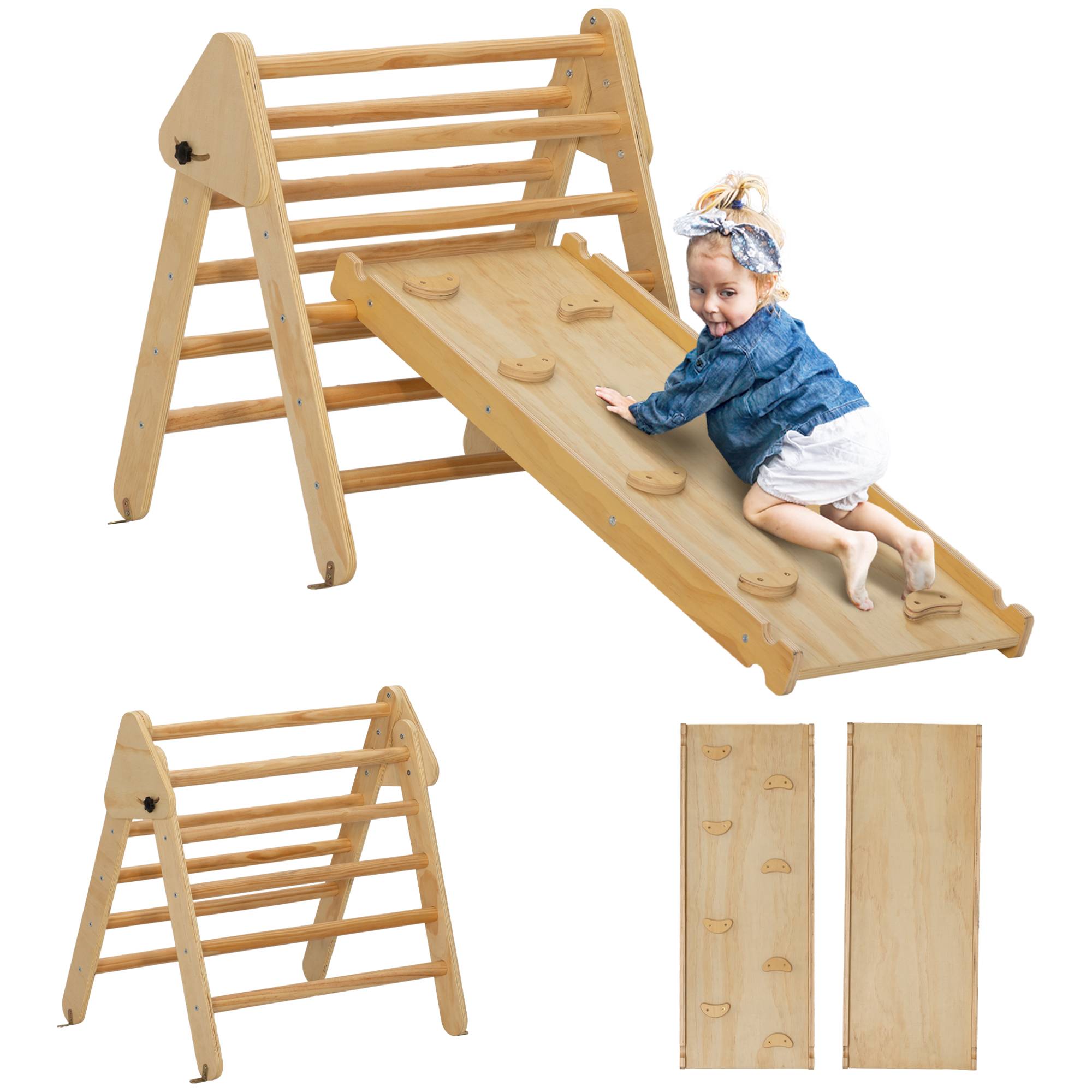 Triangle d'escalade, 3 en 1 en bois pour grimper et glisser, charge max. 50 kg, pour 18-48 mois, bois naturel - Image 1