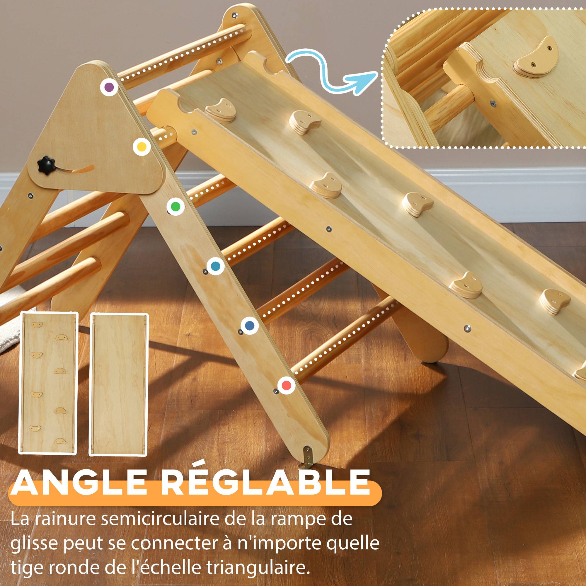 Triangle d'escalade, 3 en 1 en bois pour grimper et glisser, charge max. 50 kg, pour 18-48 mois, bois naturel - Image 8