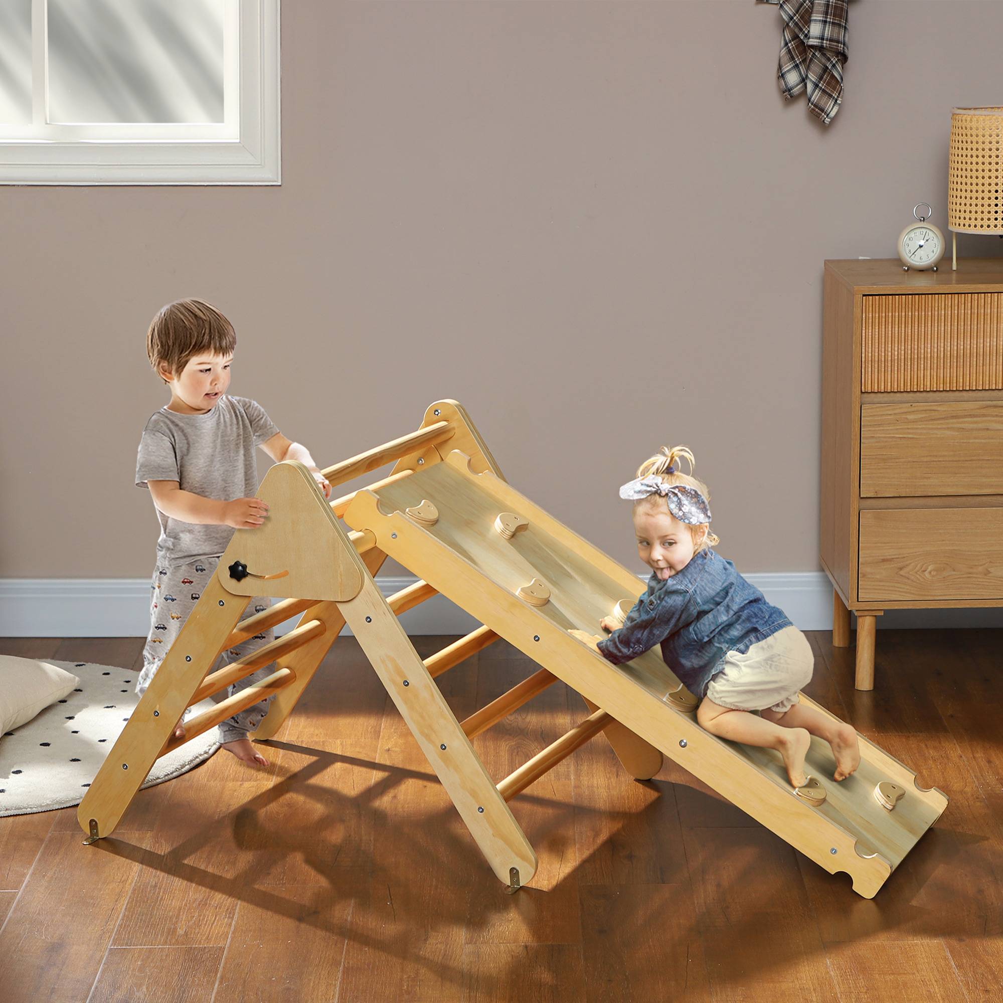 Triangle d'escalade, 3 en 1 en bois pour grimper et glisser, charge max. 50 kg, pour 18-48 mois, bois naturel - Image 3