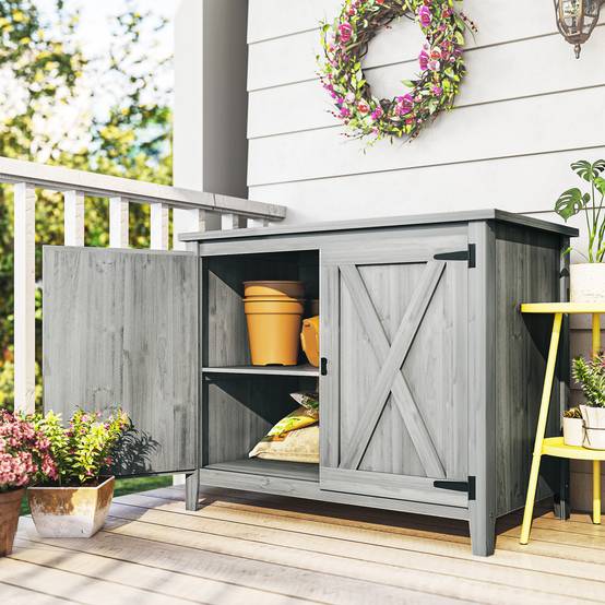 ComfortXL - Armoire de jardin en bois de sapin 110 x 60 x 88,5 cm gris clair double porte étagère intégrée pour terrasse - Image 8