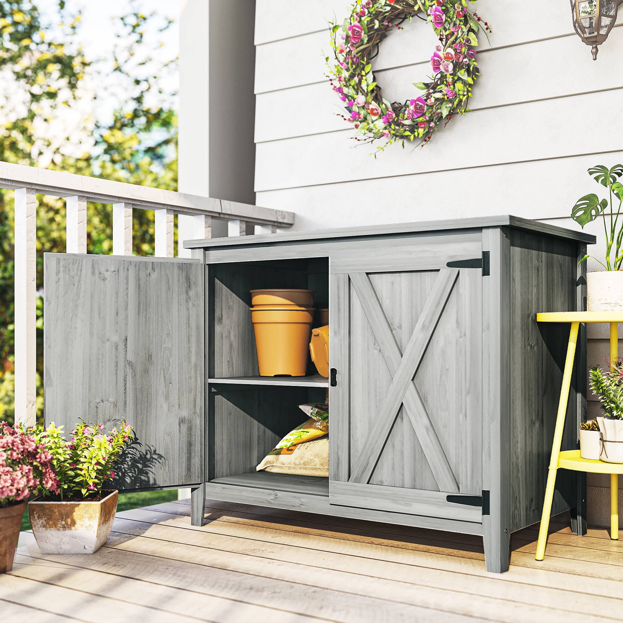 ComfortXL - Armoire de jardin en bois de sapin 110 x 60 x 88,5 cm gris clair double porte étagère intégrée pour terrasse - Image 8