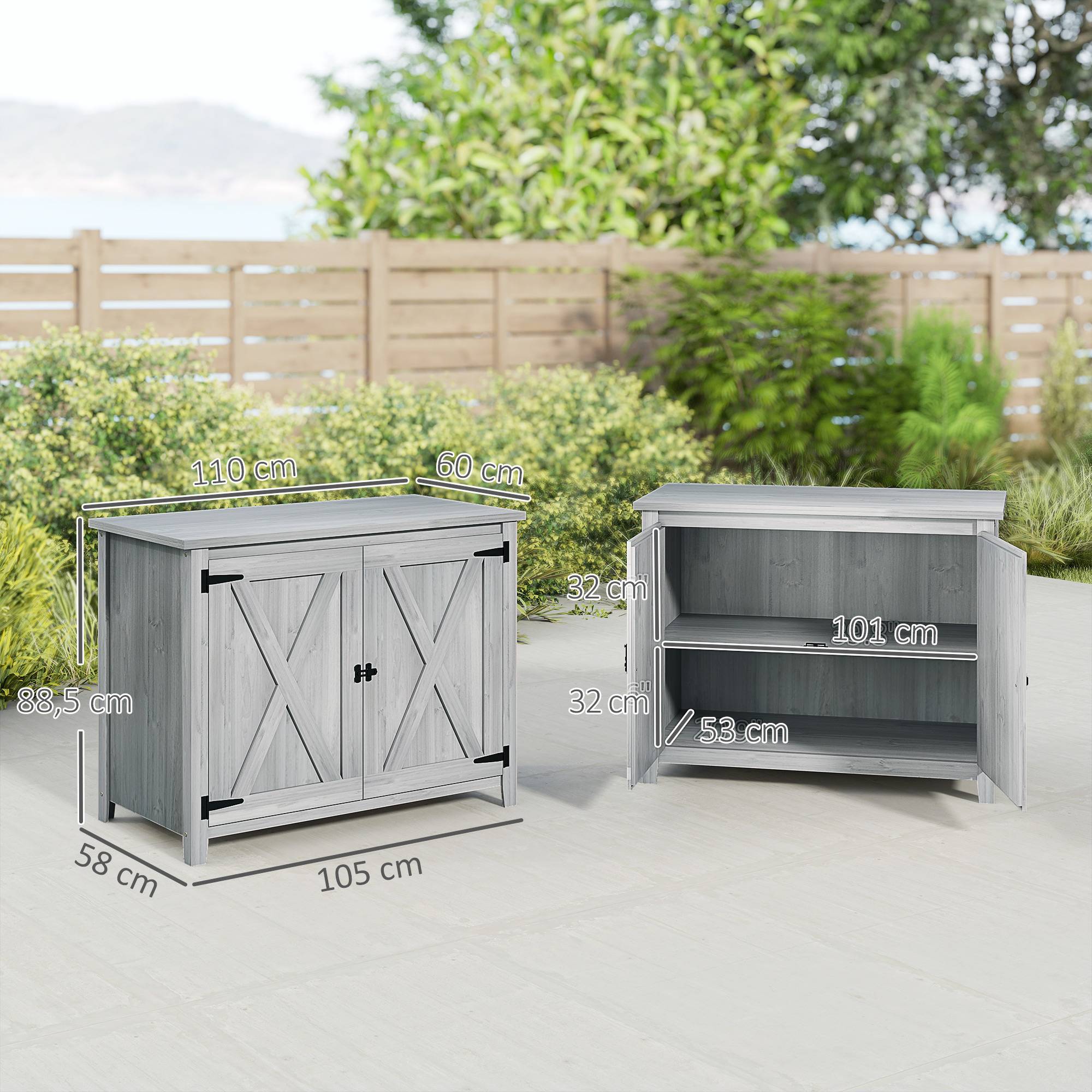 ComfortXL - Armoire de jardin en bois de sapin 110 x 60 x 88,5 cm gris clair double porte étagère intégrée pour terrasse - Image 3