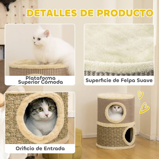 Tonneau à Griffer pour Chat 2 Niveaux Tour de Jeu en Sisal avec Lit Supérieur Niche Double 49 cm Kaki - ComfortXL Outdoor Living - Image 7