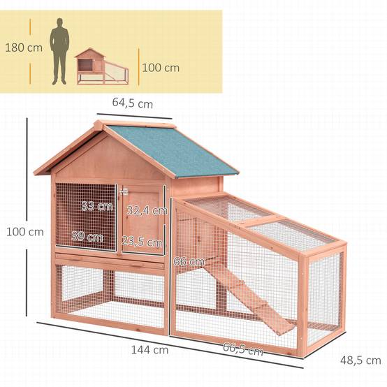 Clapier Bois Extérieur à 2 Niveaux avec Toit, Porte, Fenêtre et Bac Amovible, Grand Espace 144 x 64,5 x 100 cm - Image 5