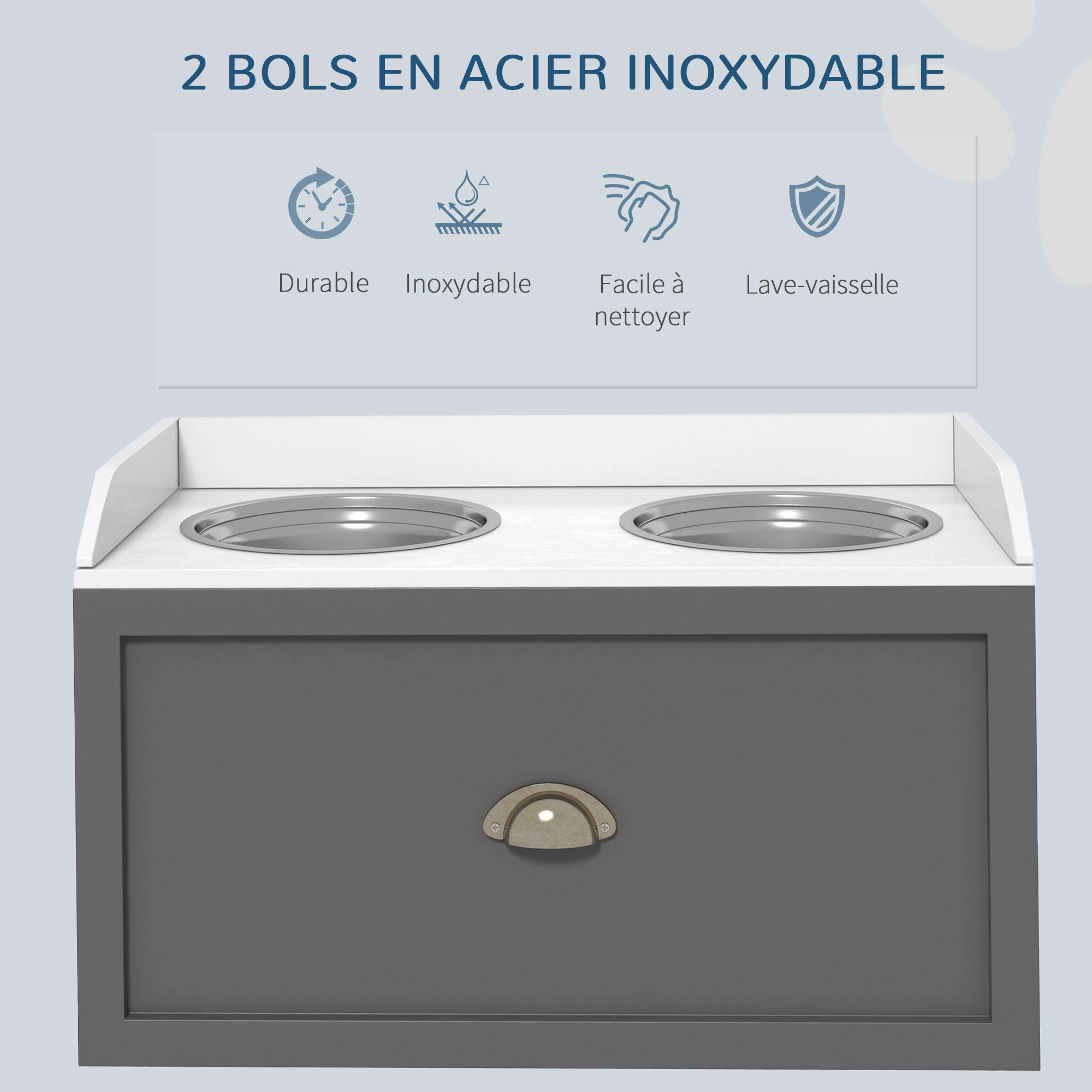 Gamelle double chien chat - porte-gamelles surélevé rangement 2 en 1 - tiroir, 2 gamelles - acier inox. MDF blanc gris - Image 8