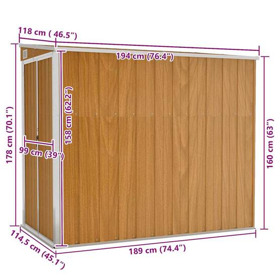 Vidaxl - Abri de jardin mural Marron 118x194x178 cm Métal galvanisé vidaXL 316224 - Image 3