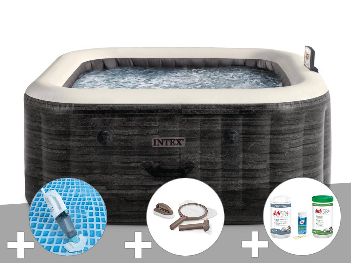 Kit spa gonflable Intex PureSpa Ardoise carré Bulles 6 places + Aspirateur + Kit d'entretien + Kit de traitement brome