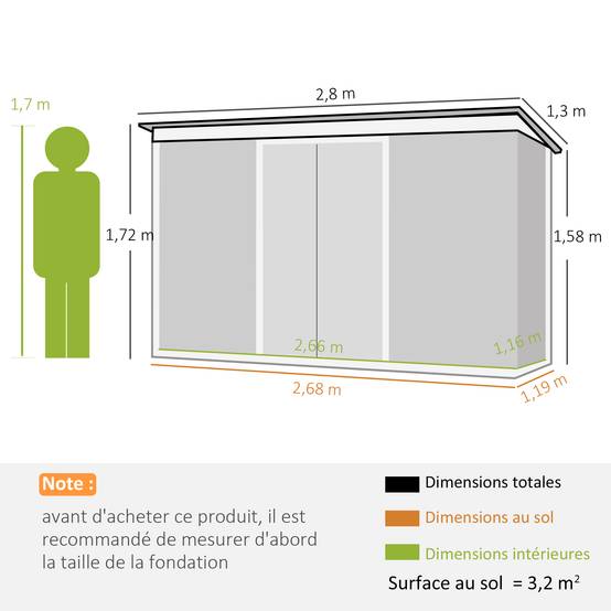 Abri de jardin XXL 3,6 m² acier galvanisé 280x130x172 cm noir avec fondation, portes coulissantes ventilation - Image 5