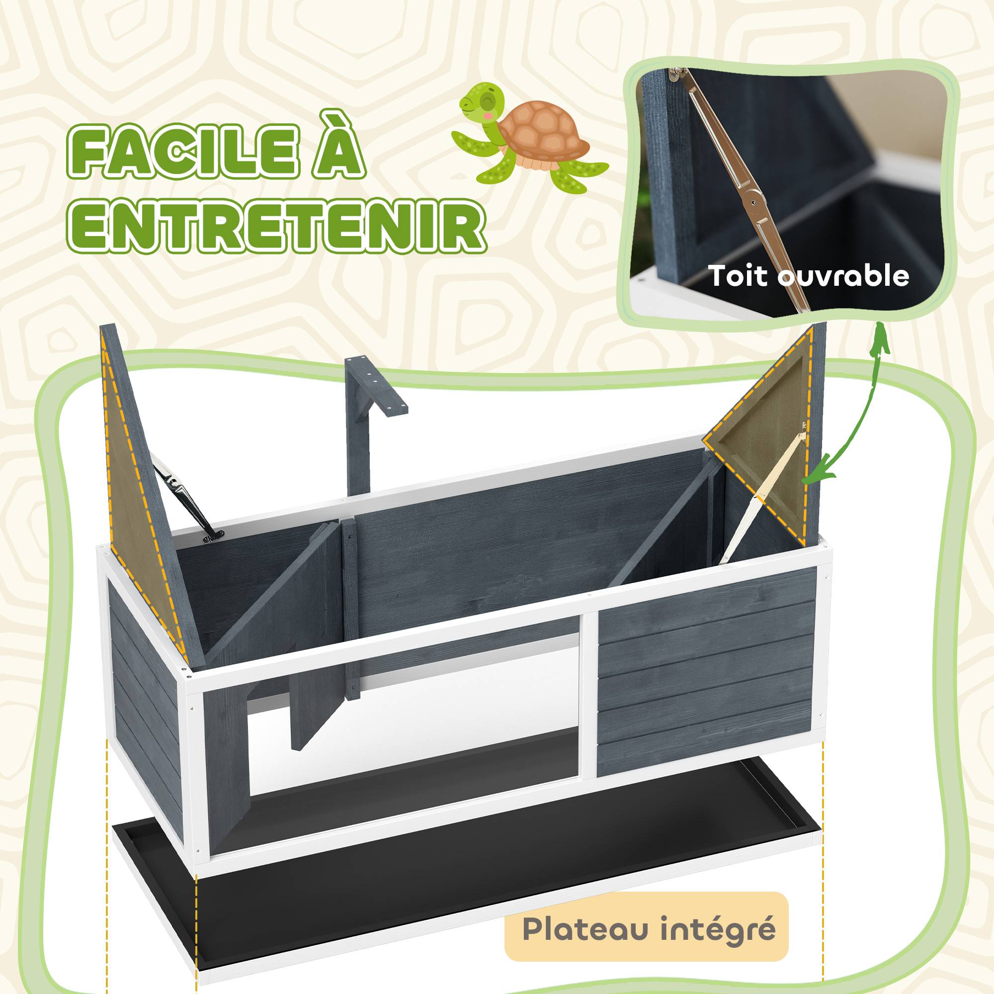 Maison pour tortues enclos avec toit ouvrant support lampe plateau fenêtre panoramique 120 x 50 x 40 cm gris - Image 8