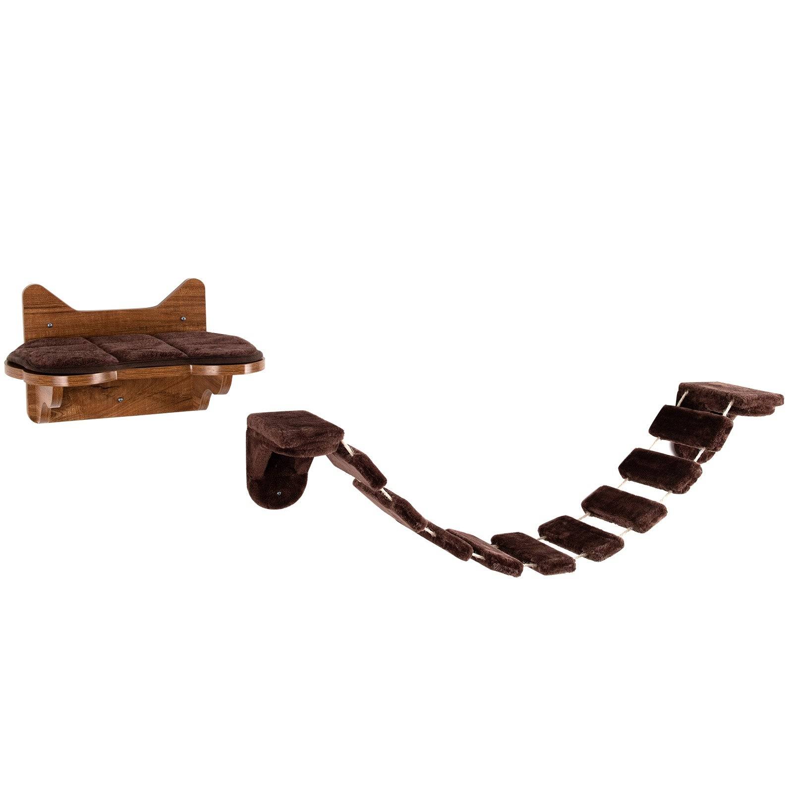 Arbre à chat mural en bois avec couchage et escalier pont à 9 étapes 123 x 20 x 17 cm charge max : 10 kg marron - Image 1