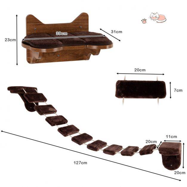Arbre à chat mural en bois avec couchage et escalier pont à 9 étapes 123 x 20 x 17 cm charge max : 10 kg marron - Image 3