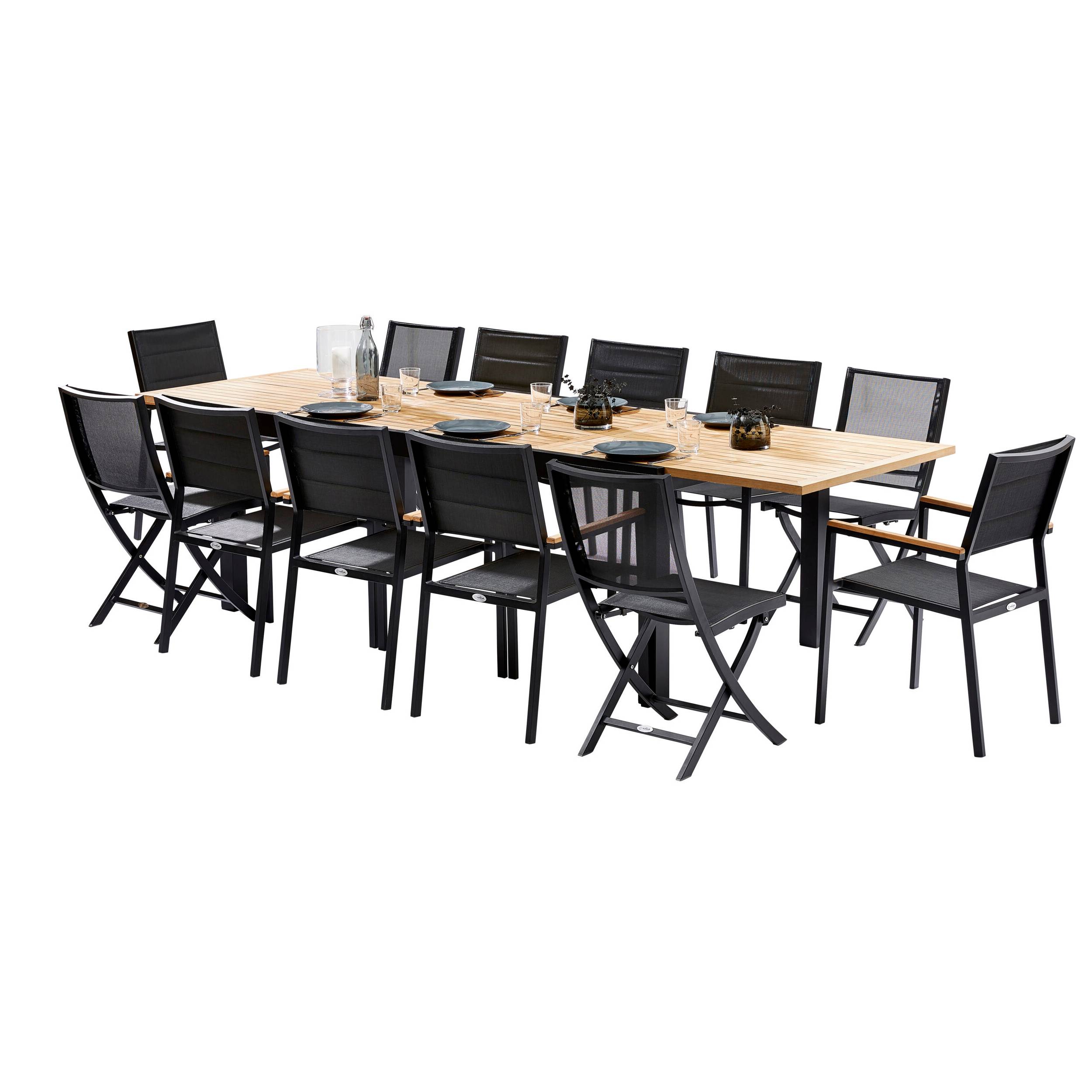 Wilsa Garden - Ensemble BALITECK 8/12p en aluminium noir, plateau en Teck avec 8 fauteuils et 4 chaises pliantes en aluminium et textilène - Image 3