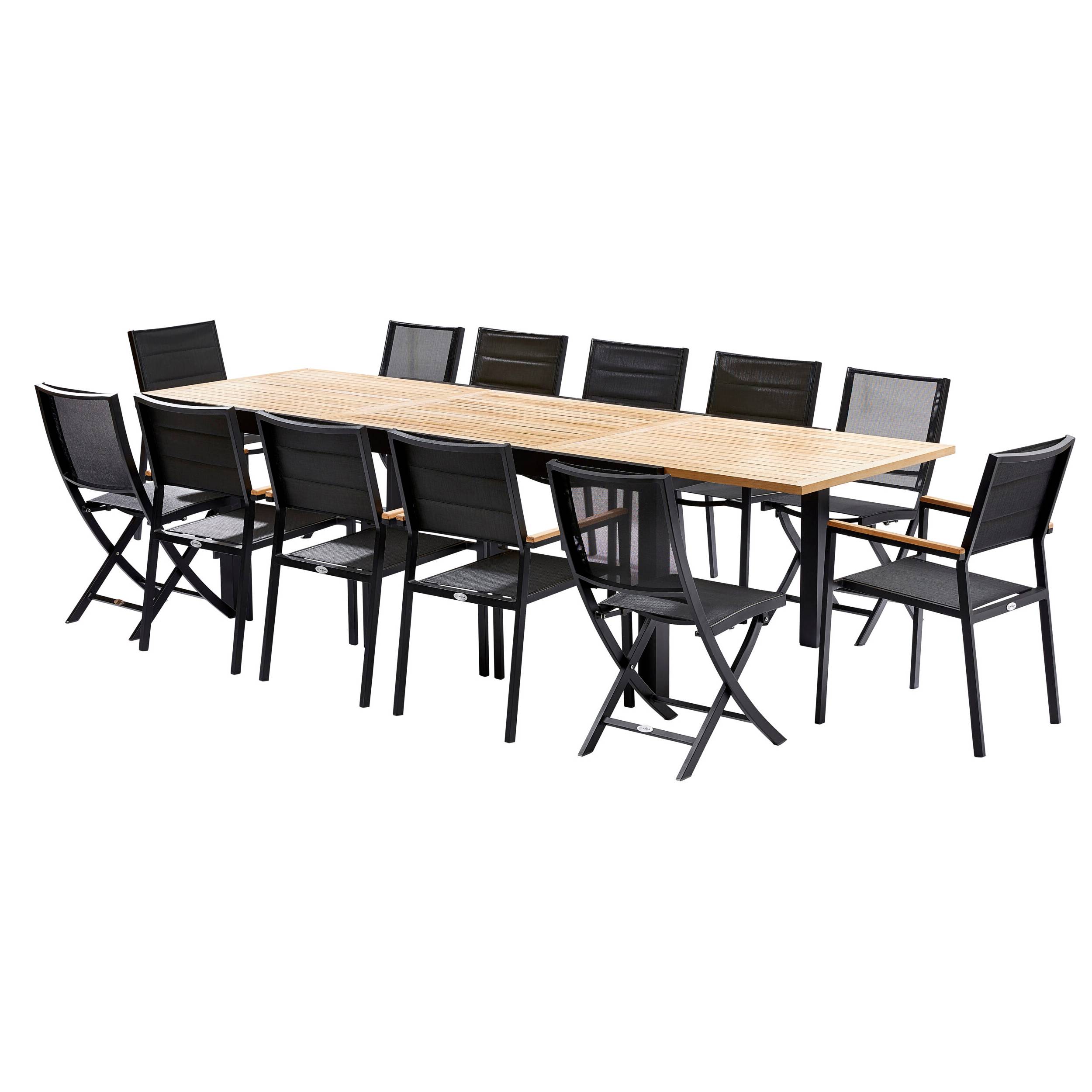 Wilsa Garden - Ensemble BALITECK 8/12p en aluminium noir, plateau en Teck avec 8 fauteuils et 4 chaises pliantes en aluminium et textilène - Image 1