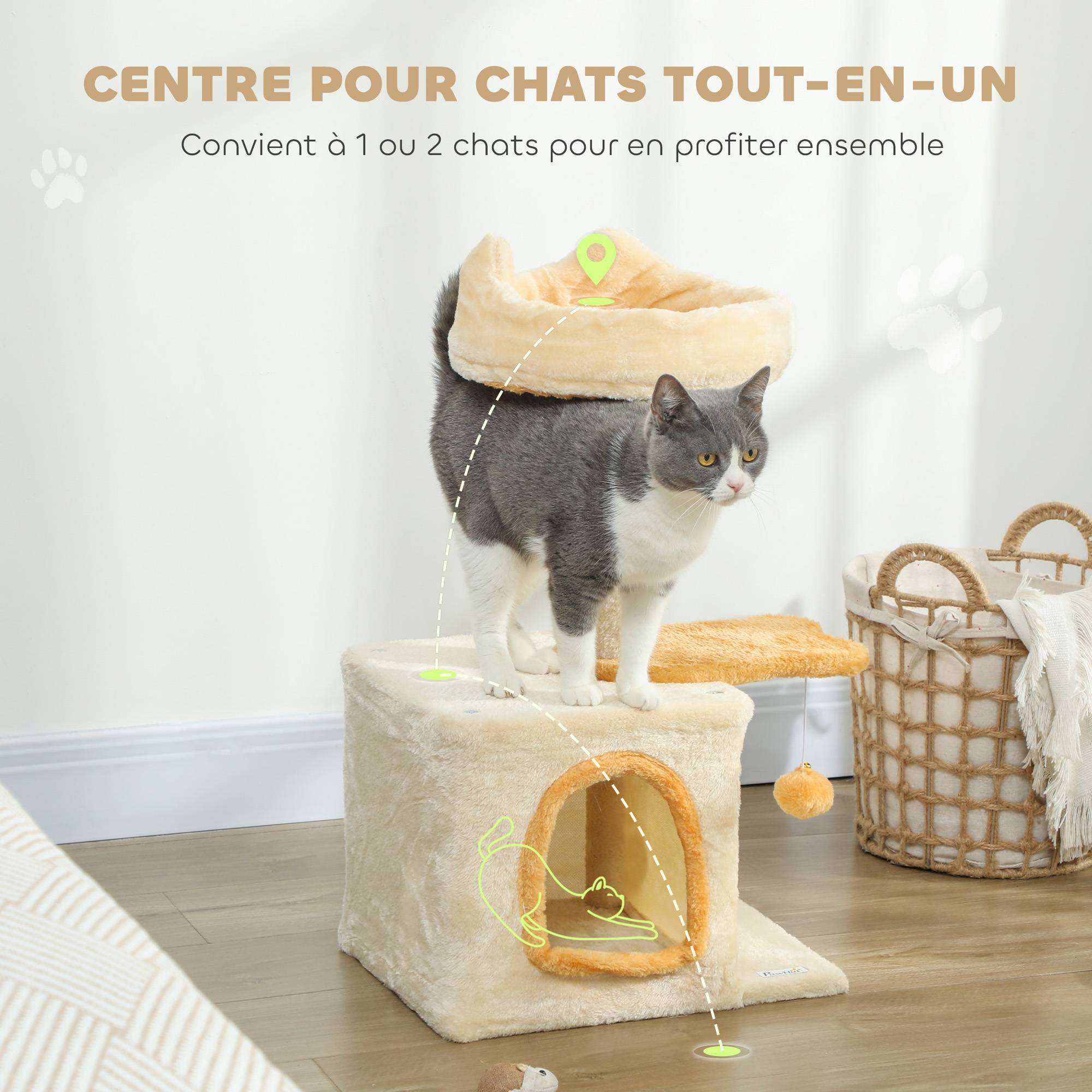 Sans Marque - Arbre à Chat 72 cm, Perchoir Doux, Plateforme en Forme de Poisson, Niche en Peluche, Poteaux en Sisal, Bale, Beige - Image 5