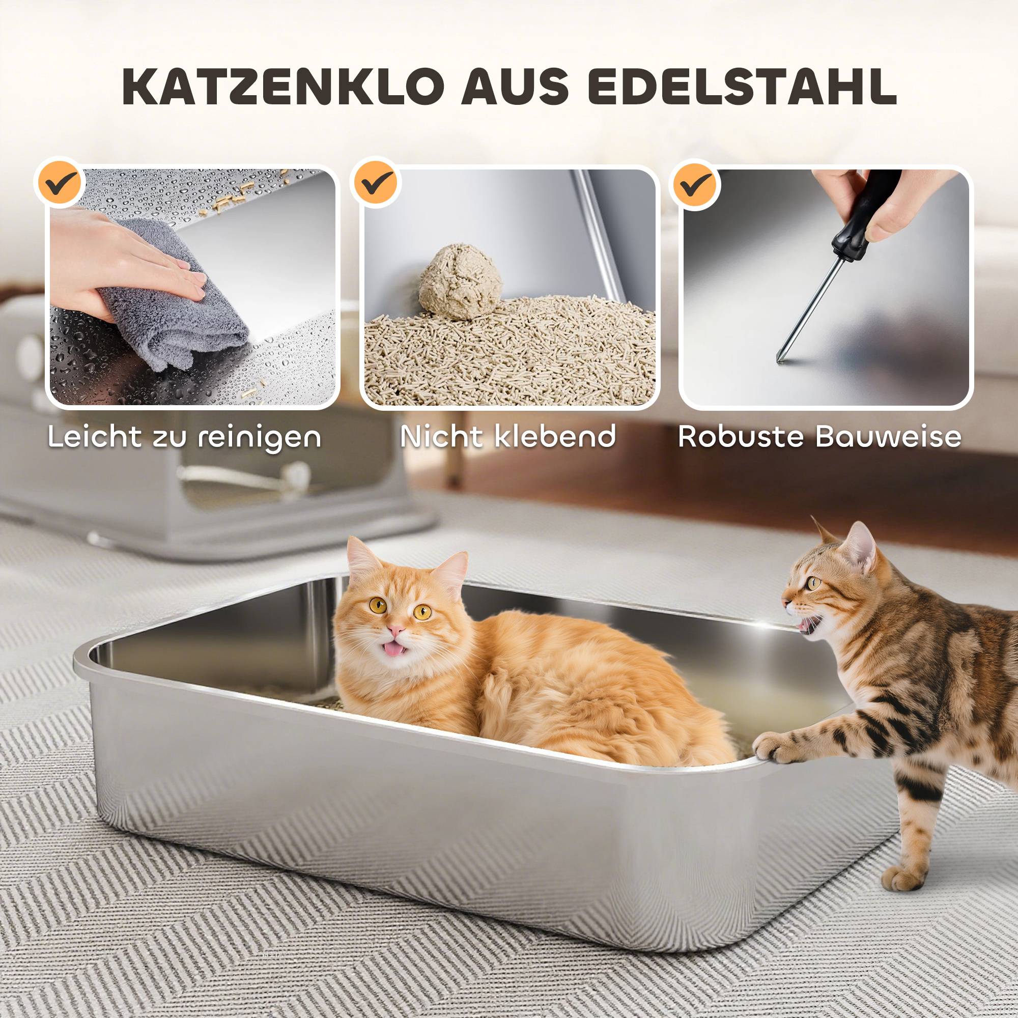 Bac à litière XXL en acier inoxydable avec couvercle à charnière et pelle incluse pour chats de grande taille jusqu’à 12 kg facile à nettoyer - Image 6