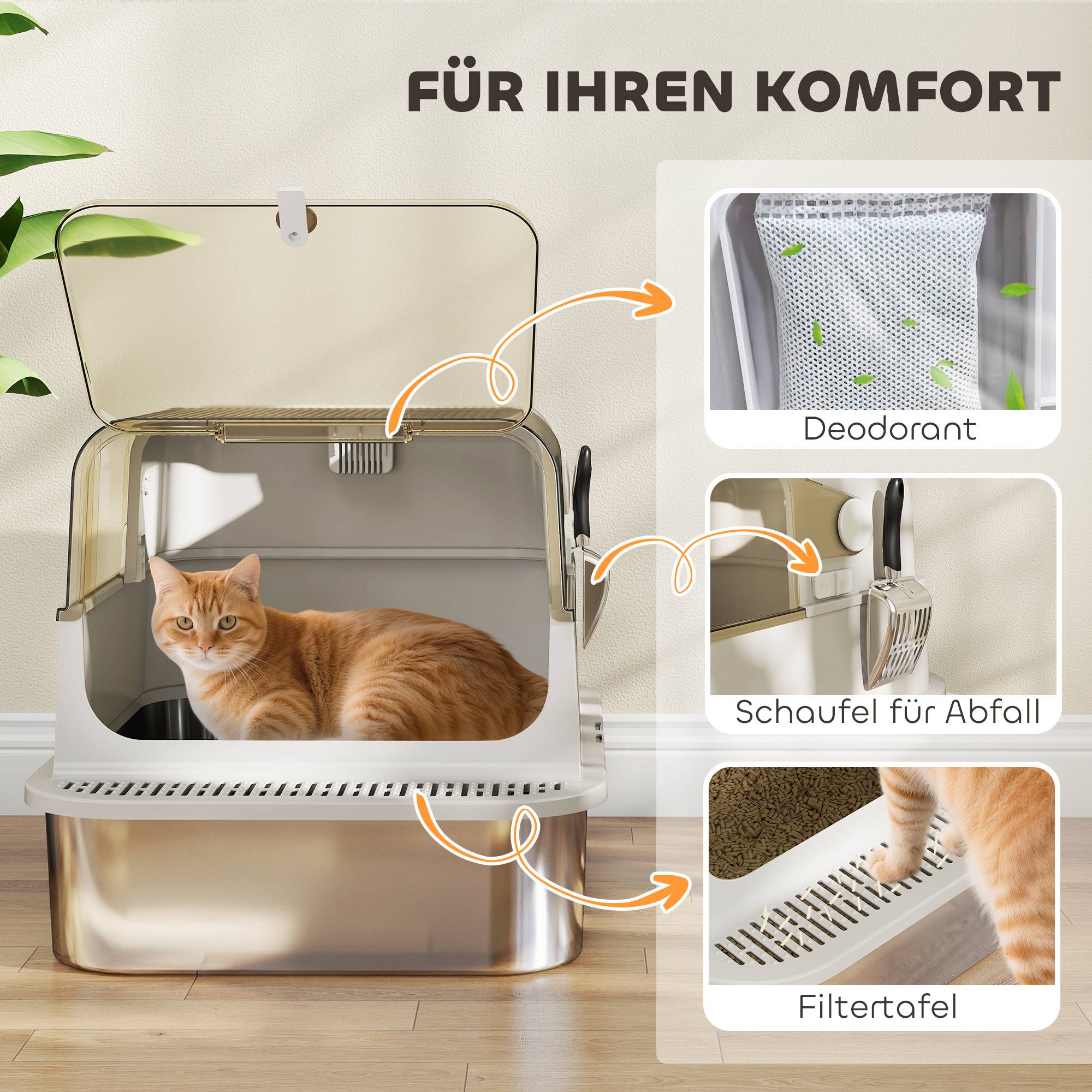Bac à litière XXL en acier inoxydable avec couvercle à charnière et pelle incluse pour chats de grande taille jusqu’à 12 kg facile à nettoyer - Image 9