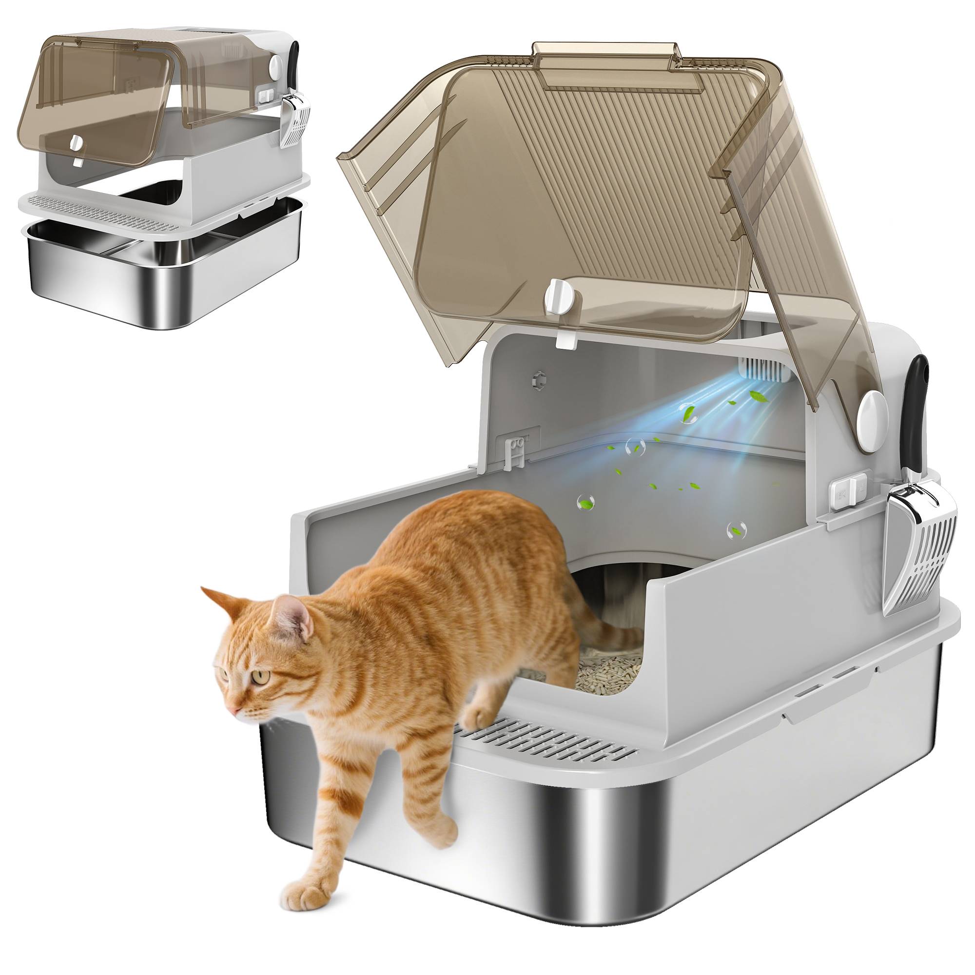 Bac à litière XXL en acier inoxydable avec couvercle à charnière et pelle incluse pour chats de grande taille jusqu’à 12 kg facile à nettoyer - Image 1
