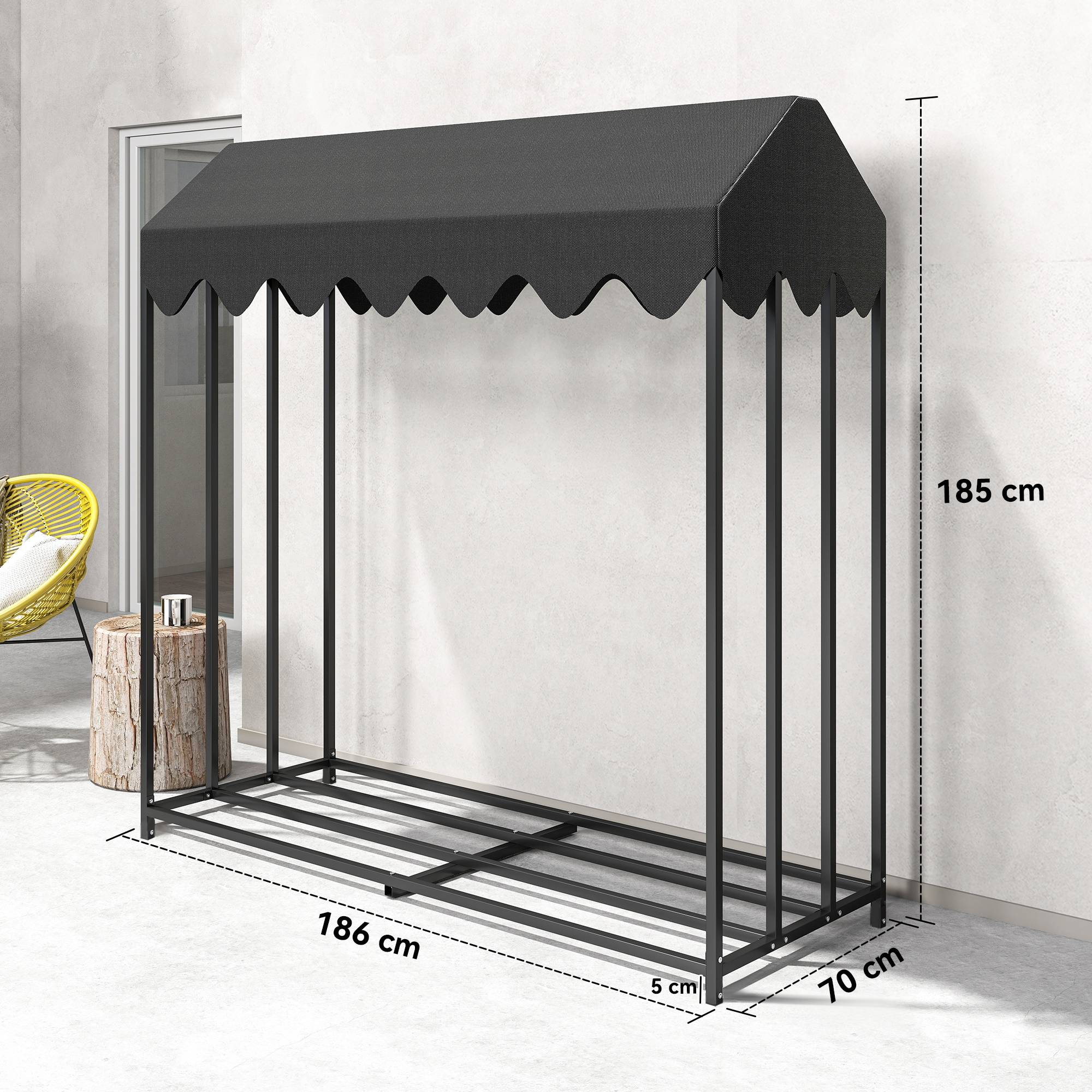 Porte-bûches extérieur en métal avec housse imperméable, 186 x 70 x 185 cm, noir - Image 5