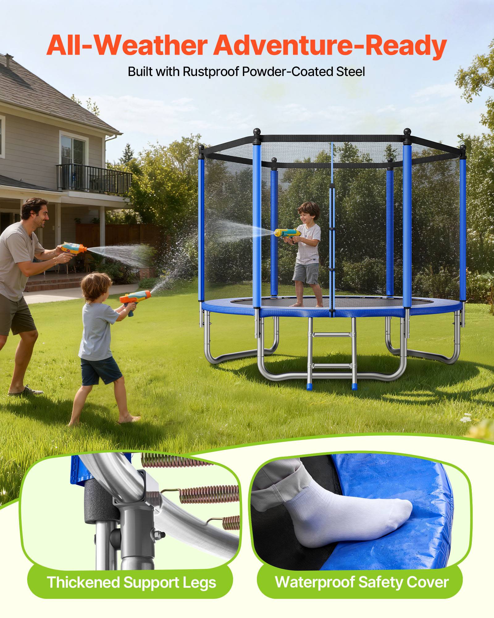 Vevor - VEVOR Trampoline extérieur 244 x 244 cm, cadre acier antirouille, filet sécurité 360°, 42 ressorts, capacité 120 kg, conforme ASTM. - Image 7