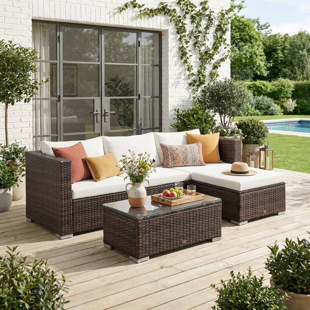 Salon de jardin en résine pour 4 personnes - Torino – résine marron et coussins écru | sweeek - Image 1