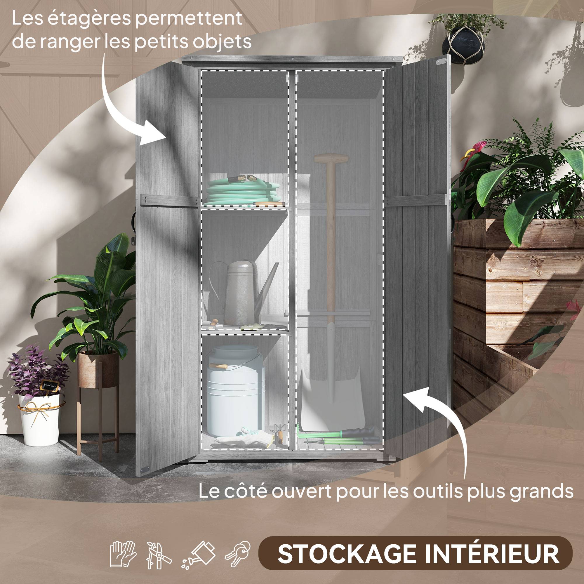 Sans Marque - Armoire de jardin, abri jardin sur pied, avec 2 étagères, toit incliné et bitumé, en bois massif, 90x54,5x168,5cm, gris - Image 6