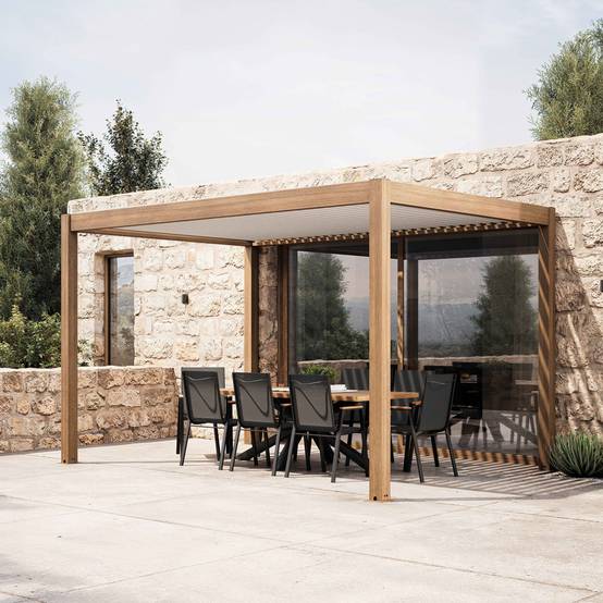 Oviala - Pergola bioclimatique autoportée et motorisée éclairée 3x4m bois blanc Kavala - Oviala - Image 1