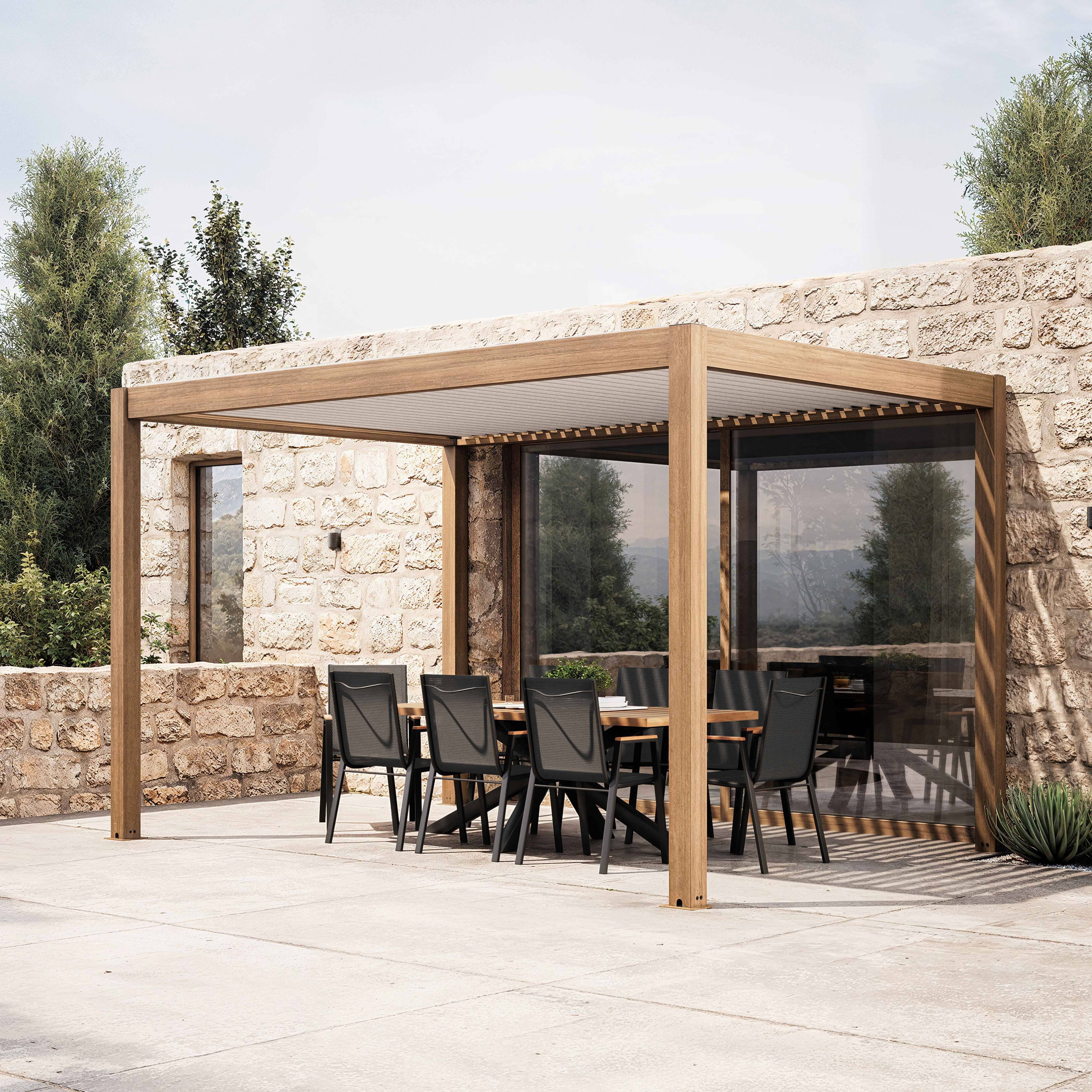 Oviala - Pergola bioclimatique autoportée et motorisée éclairée 3x4m bois blanc Kavala - Oviala - Image 1