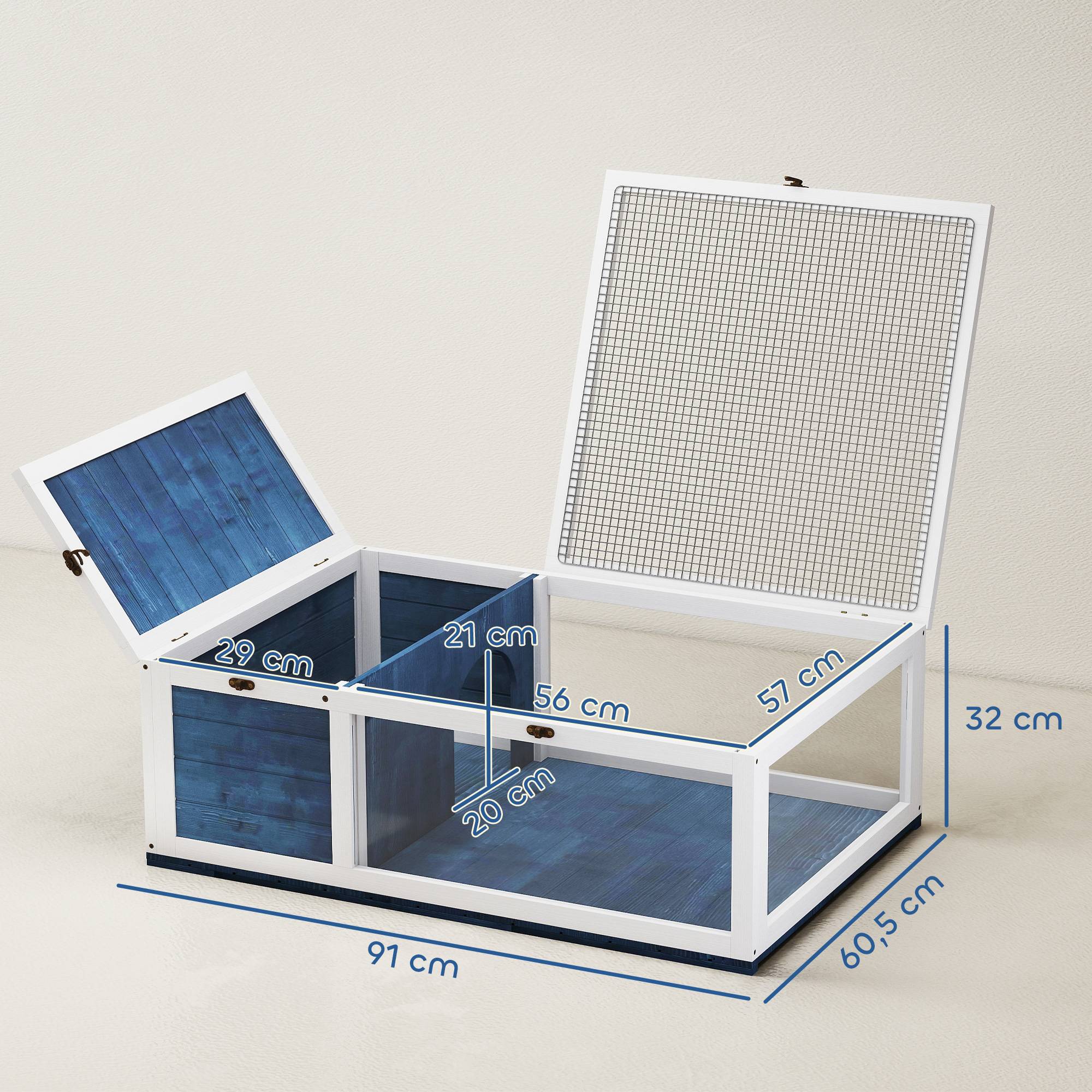 Maison enclos cage habitat pour petit animal tortues avec 2 espaces 91 x 60,5 x 32 cm bois massif bleu - Image 5