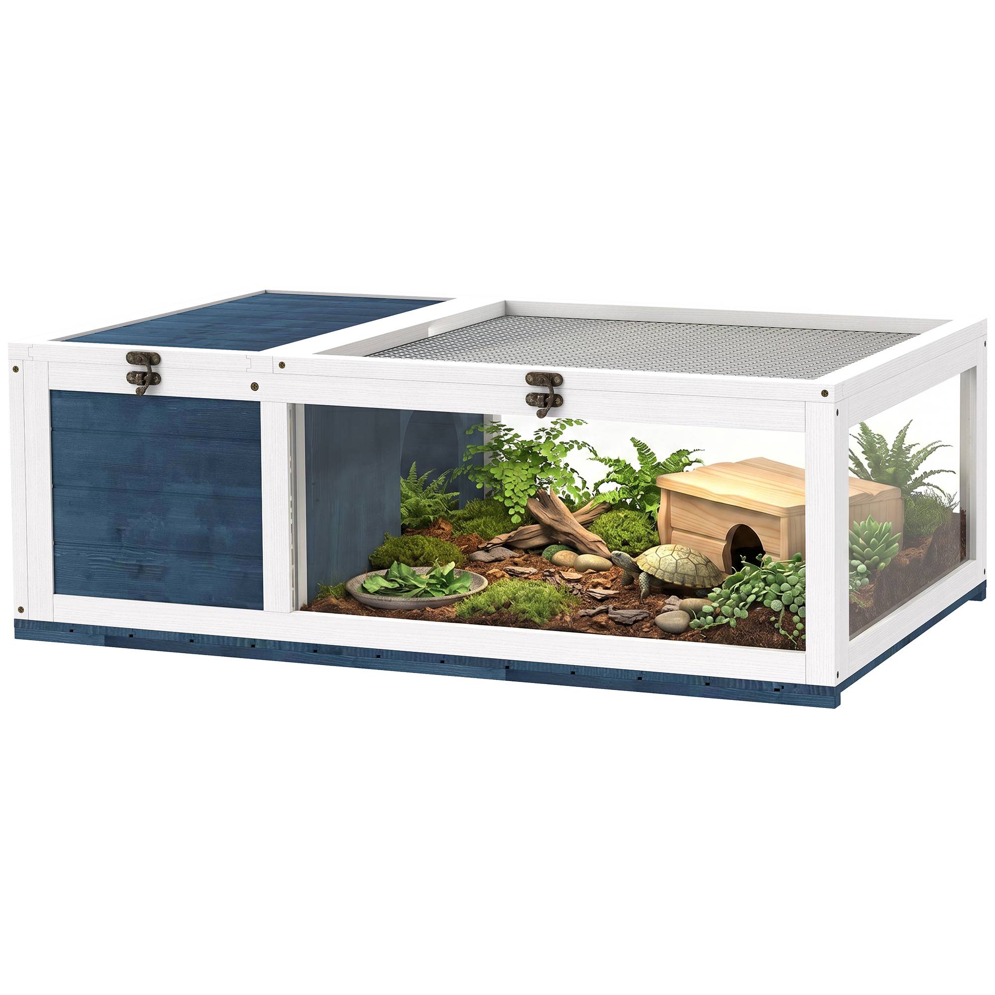 Maison enclos cage habitat pour petit animal tortues avec 2 espaces 91 x 60,5 x 32 cm bois massif bleu - Image 1