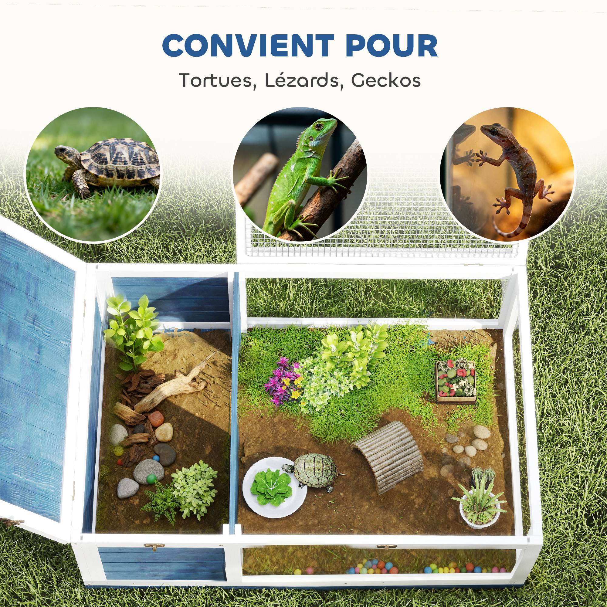 Maison enclos cage habitat pour petit animal tortues avec 2 espaces 91 x 60,5 x 32 cm bois massif bleu - Image 9