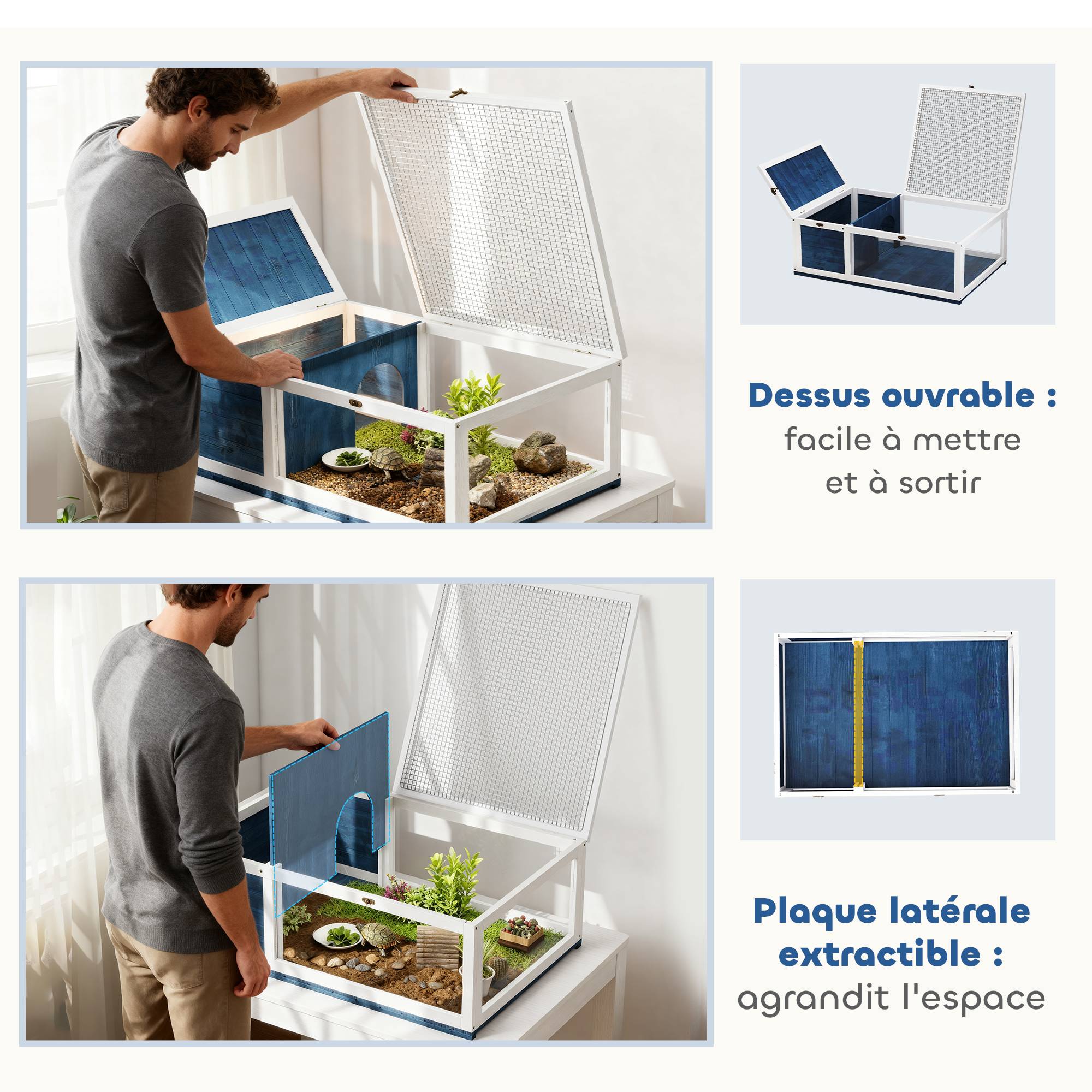 Maison enclos cage habitat pour petit animal tortues avec 2 espaces 91 x 60,5 x 32 cm bois massif bleu - Image 7