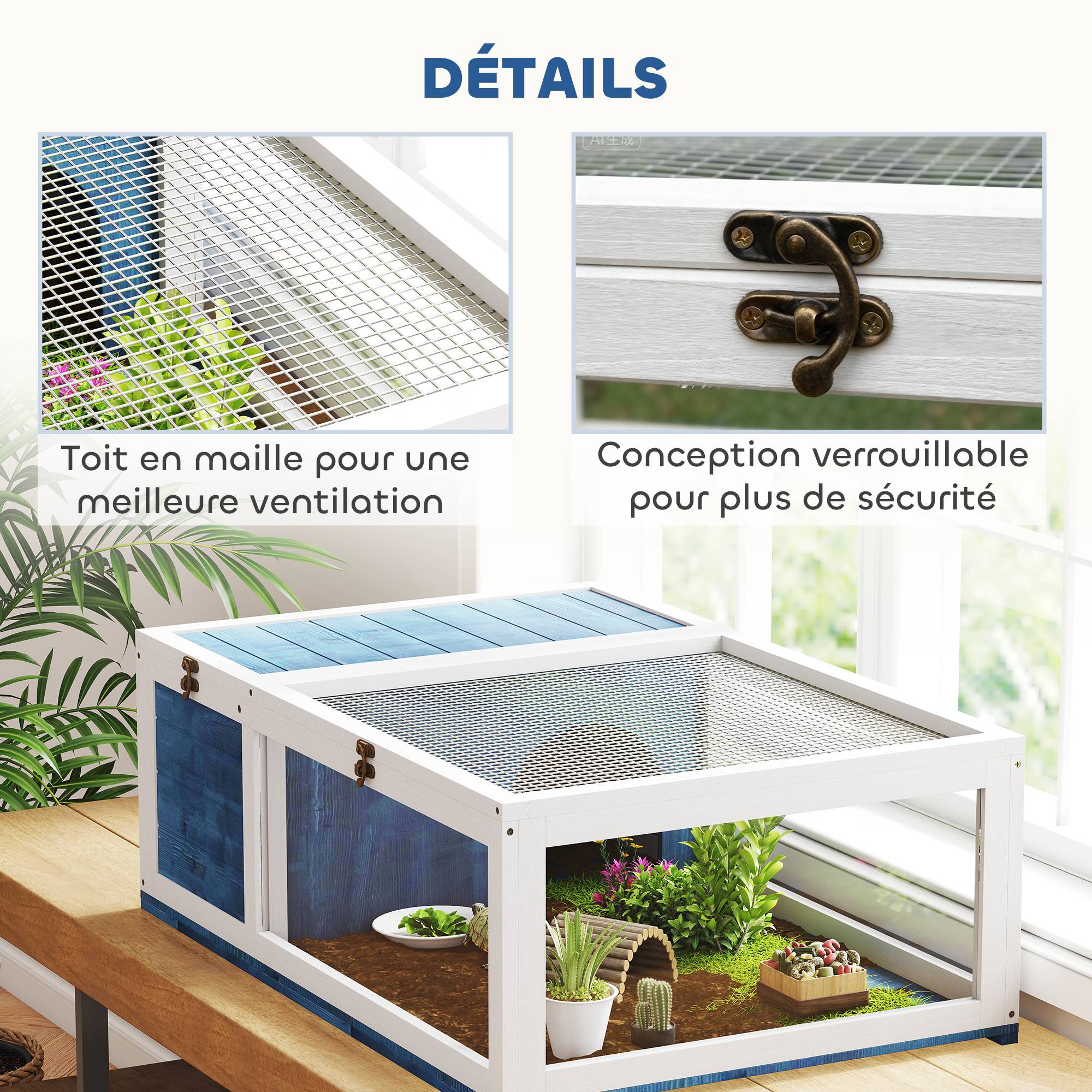 Maison enclos cage habitat pour petit animal tortues avec 2 espaces 91 x 60,5 x 32 cm bois massif bleu - Image 8