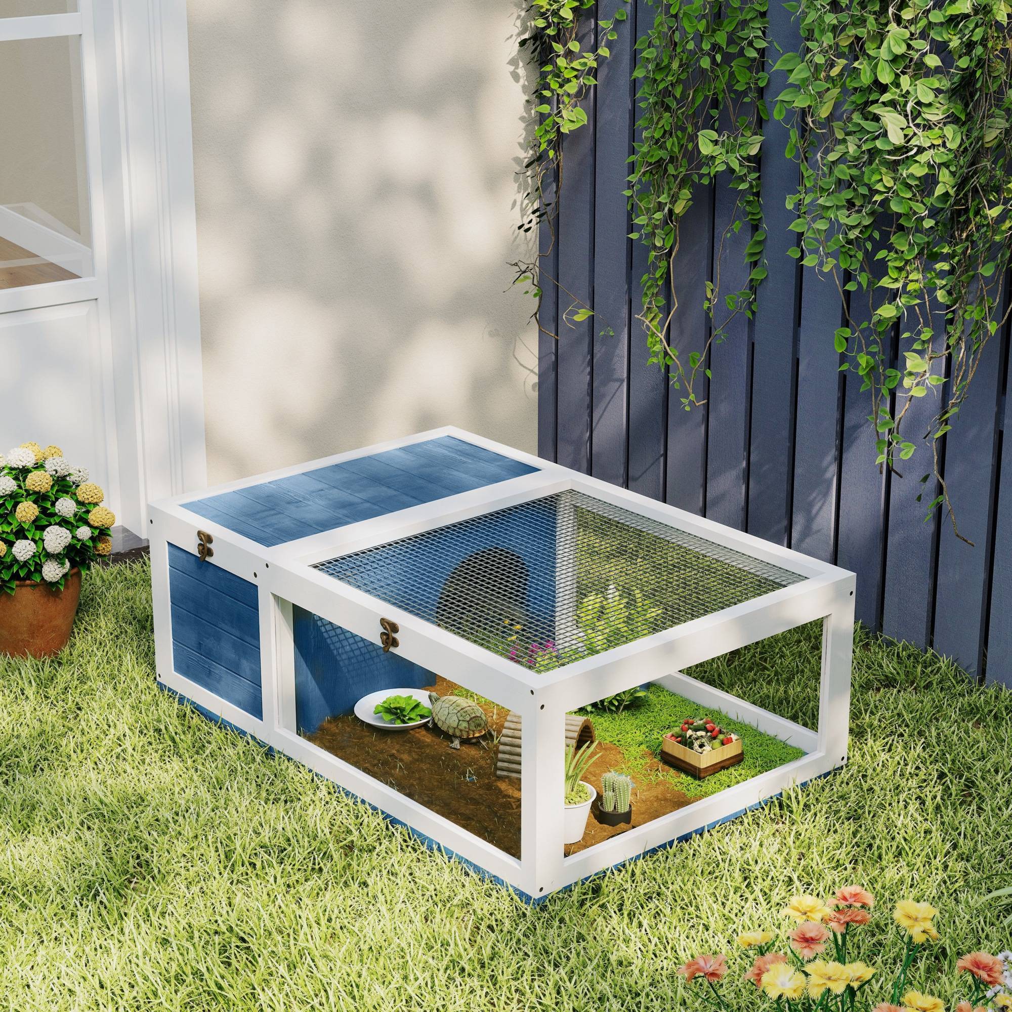 Maison enclos cage habitat pour petit animal tortues avec 2 espaces 91 x 60,5 x 32 cm bois massif bleu - Image 10