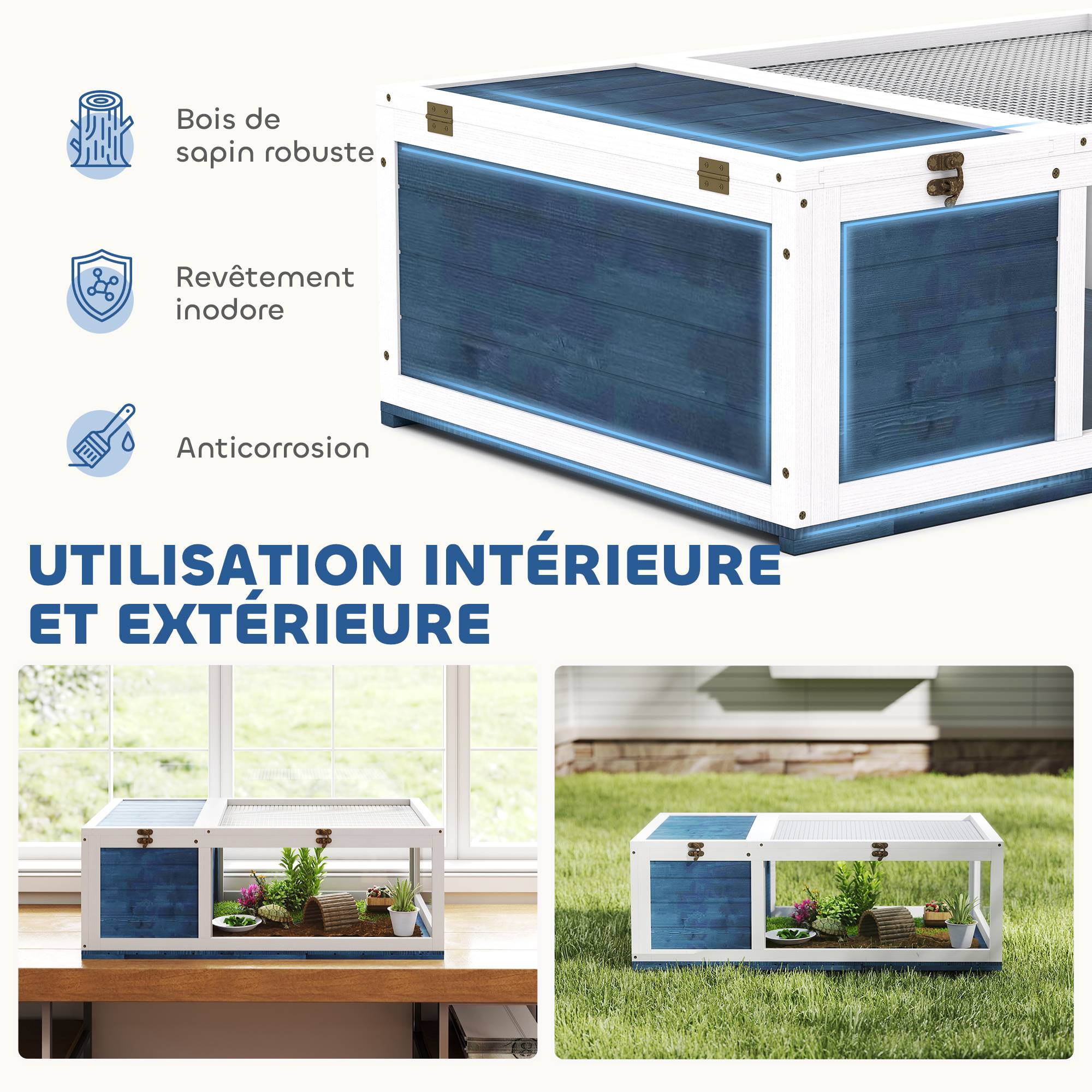 Maison enclos cage habitat pour petit animal tortues avec 2 espaces 91 x 60,5 x 32 cm bois massif bleu - Image 6