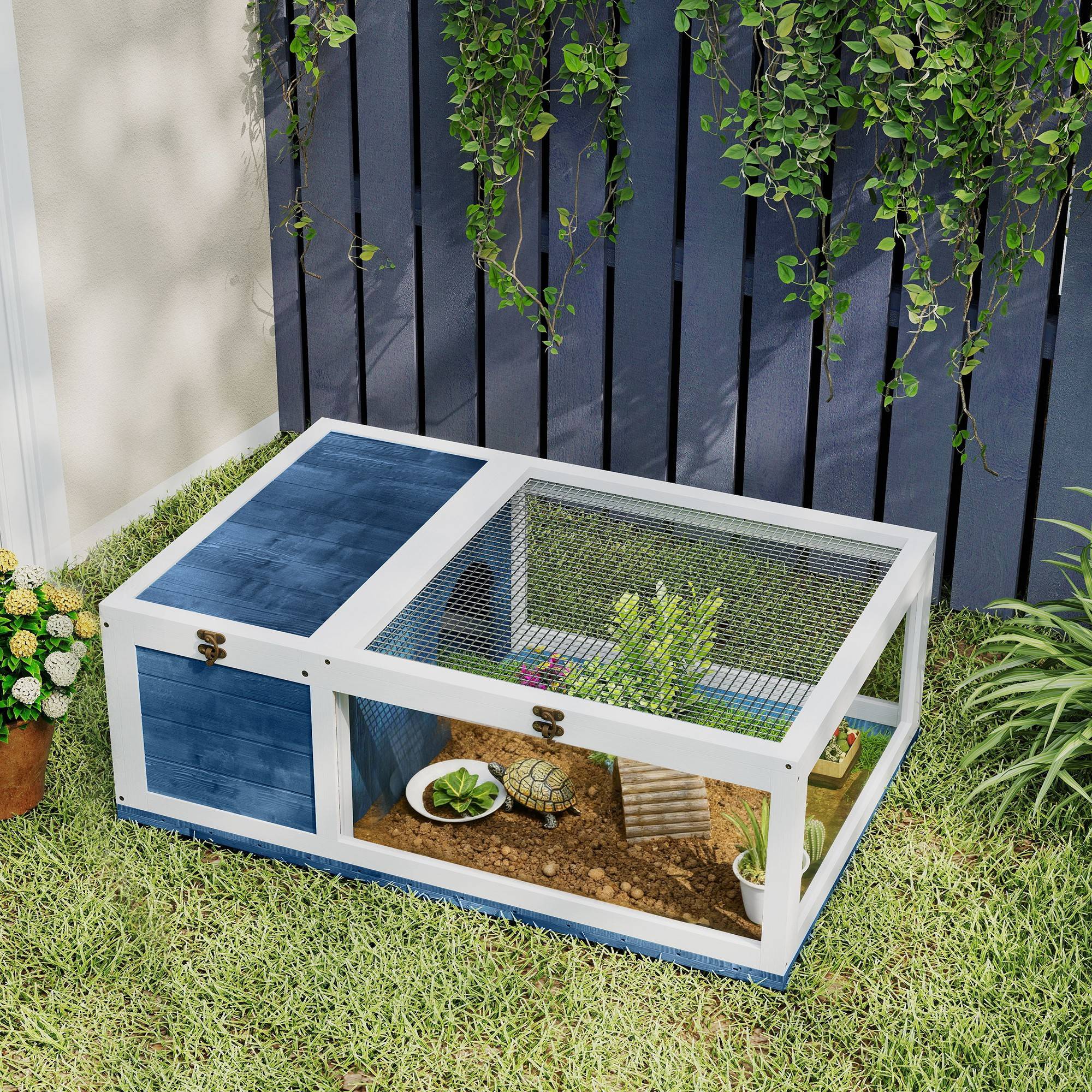 Maison enclos cage habitat pour petit animal tortues avec 2 espaces 91 x 60,5 x 32 cm bois massif bleu - Image 4