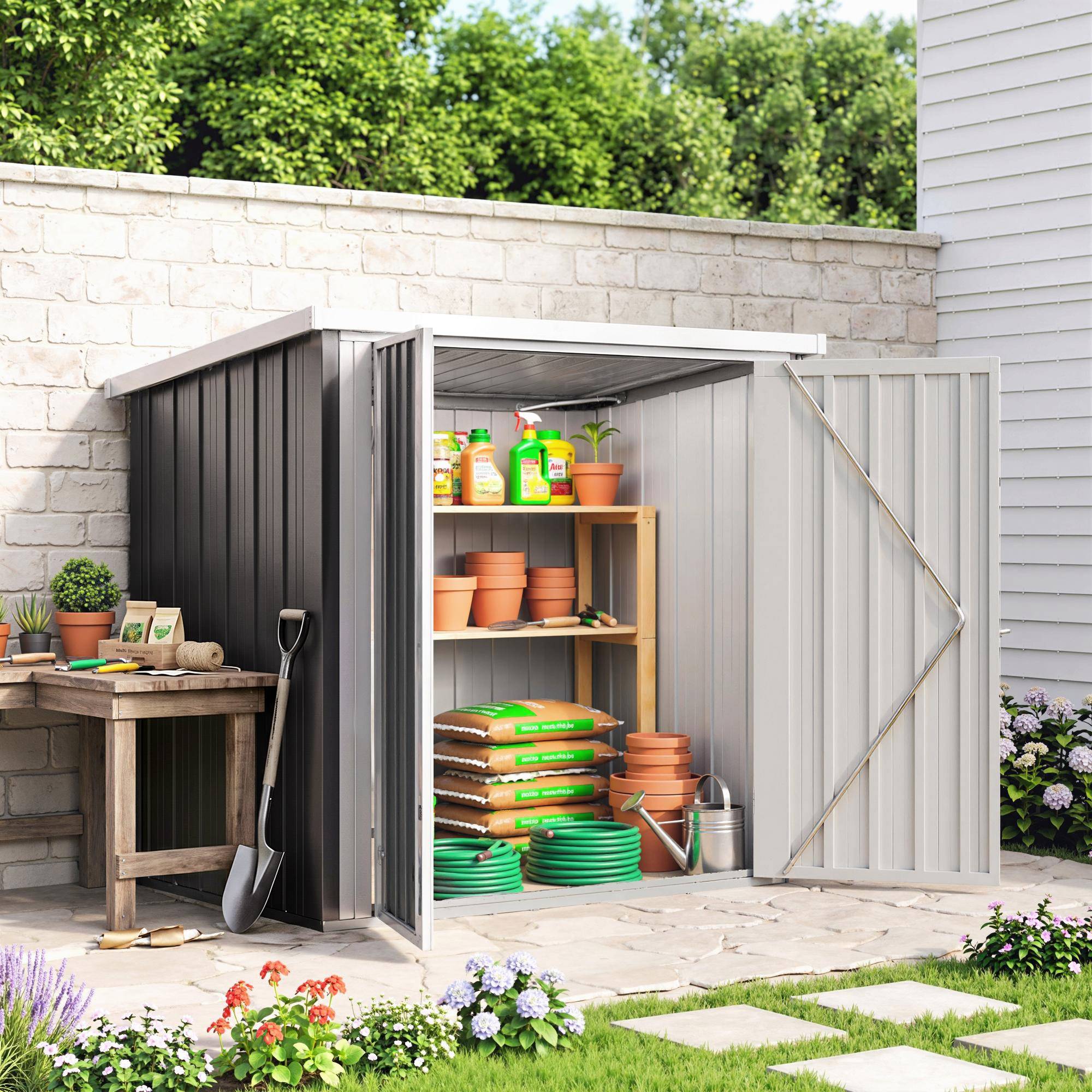 ComfortXL - Abri de jardin acier galvanisé 147 x 86 x 134 cm noir et blanc double porte verrouillable - ComfortXL Outdoor Living - Image 10