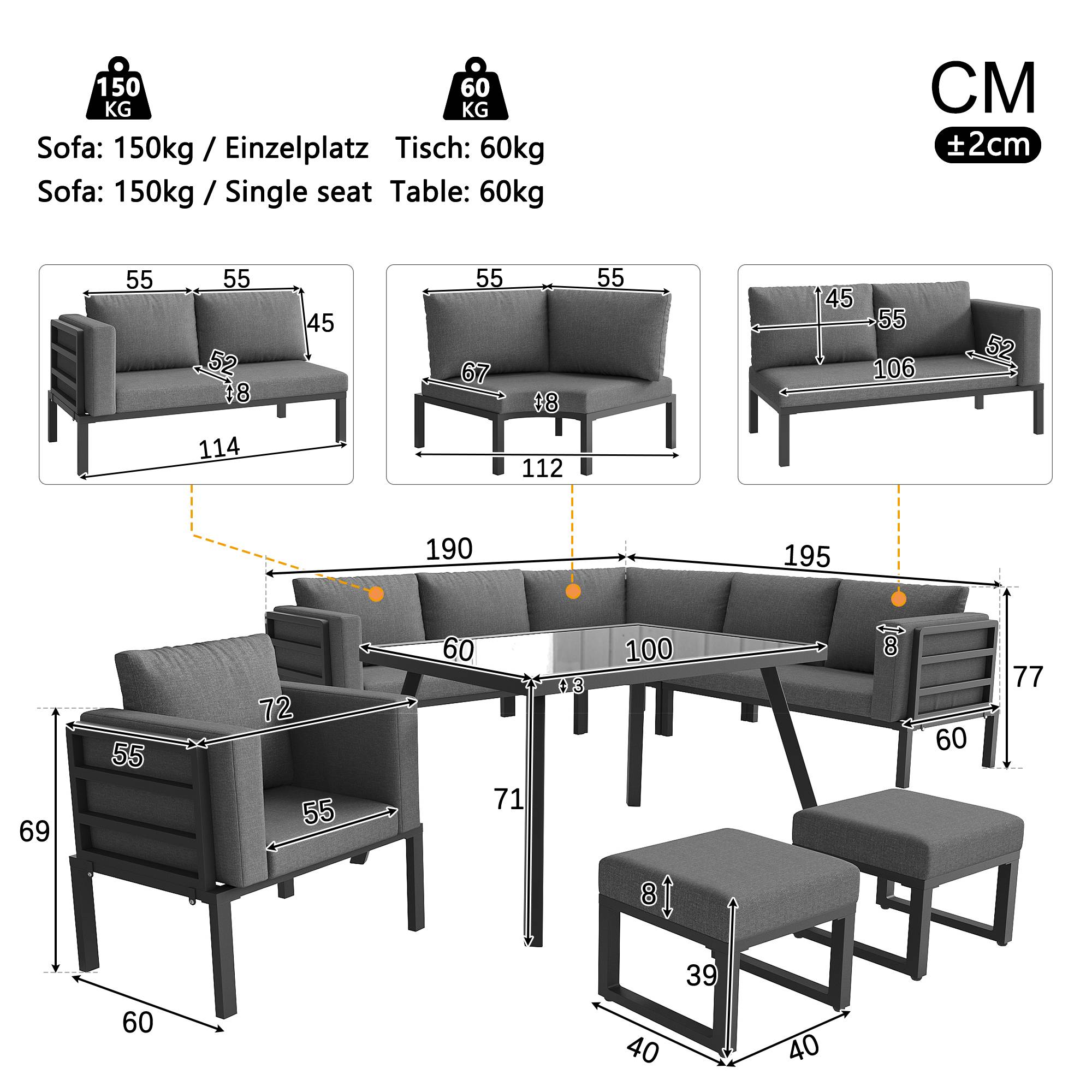 Ensemble de canapés de jardin, 8, structure en fer avec coussins, résistant aux intempéries, gris - Image 4