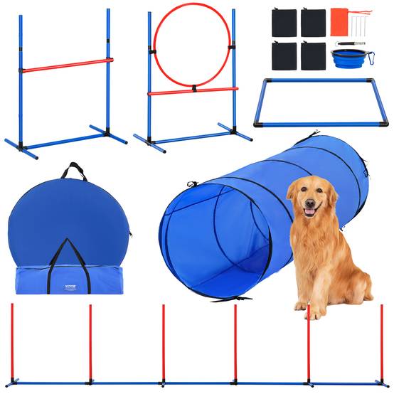 VEVOR Équipements agilité chien, 5 pièces, haies, 6 poteaux, tunnel. Anneau saut, sifflet. - Image 1