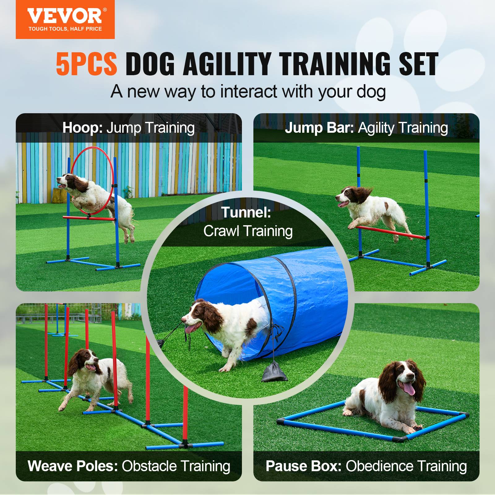 VEVOR Équipements agilité chien, 5 pièces, haies, 6 poteaux, tunnel. Anneau saut, sifflet. - Image 2