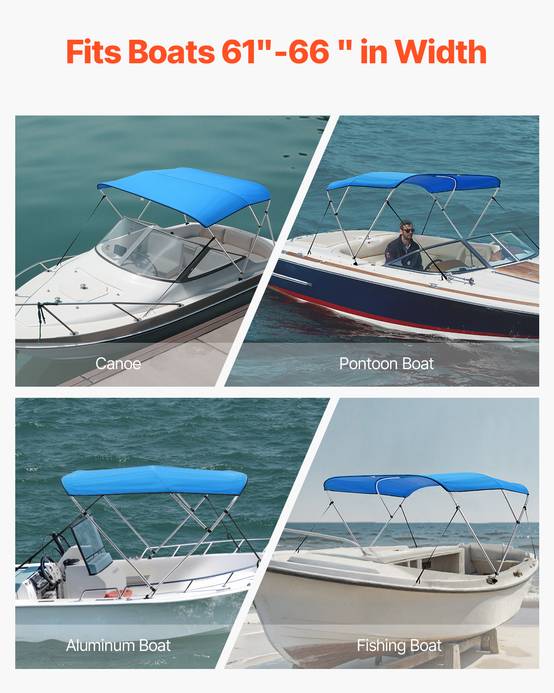 VEVOR Bimini bateau taud de soleil 3 arceaux 155-167 cm polyester Bleu Pacifique - Image 6