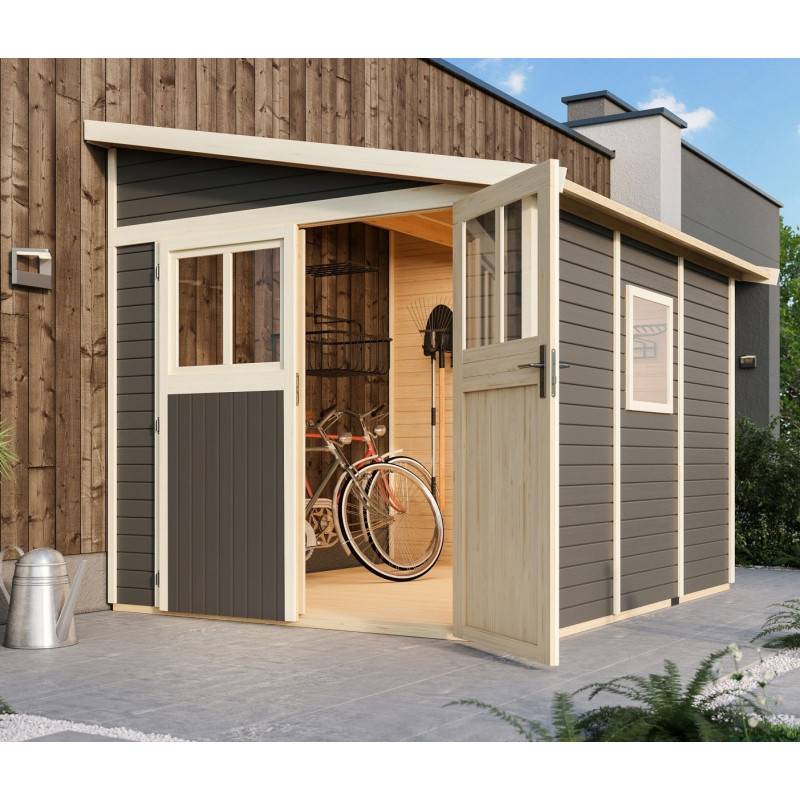 Abri de jardin adossé 6,23m² en épicéa gris terre avec embase incluse Karibu