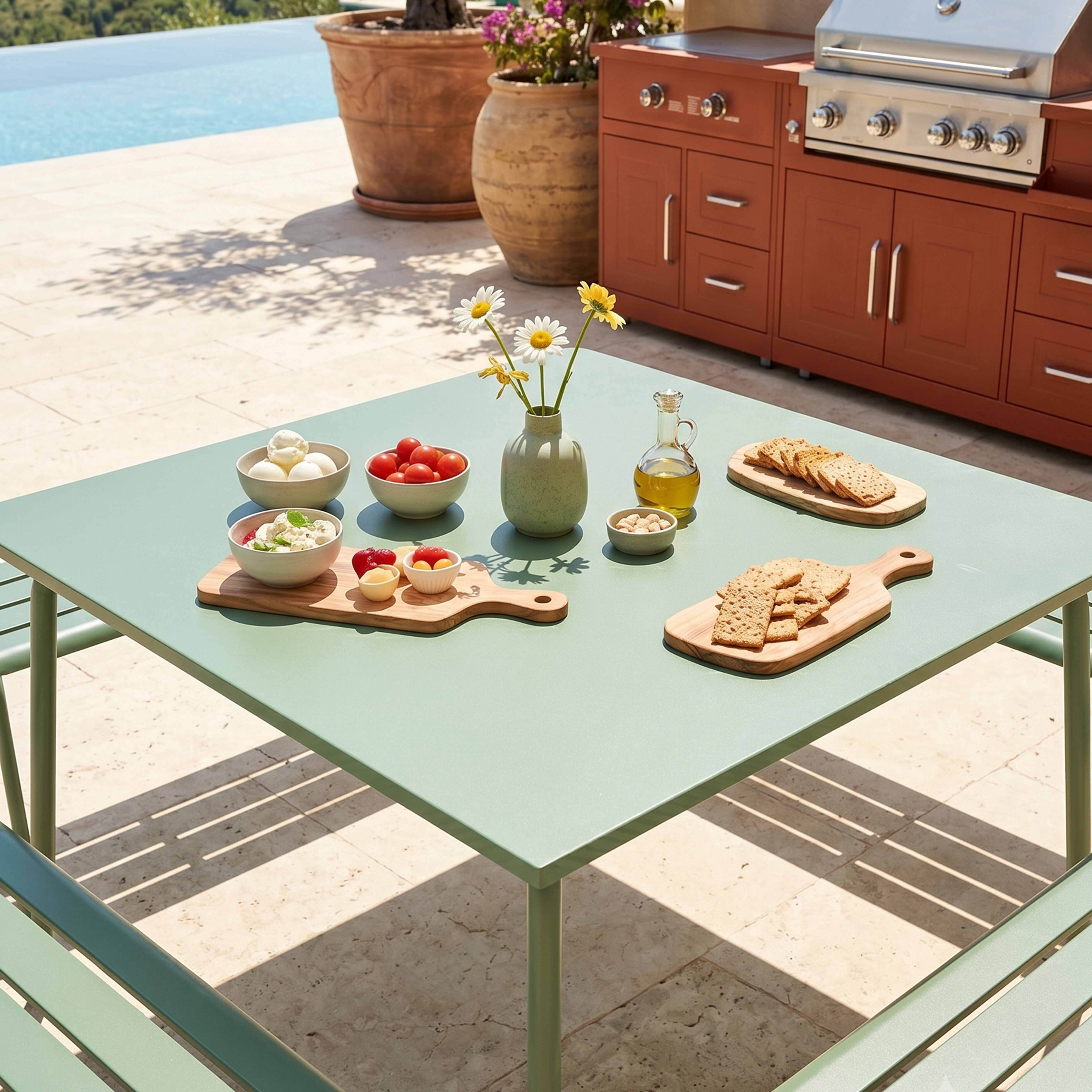 Oviala - Ensemble table de jardin carrée et 4 bancs en métal vert sauge Palavas - Oviala - Image 3